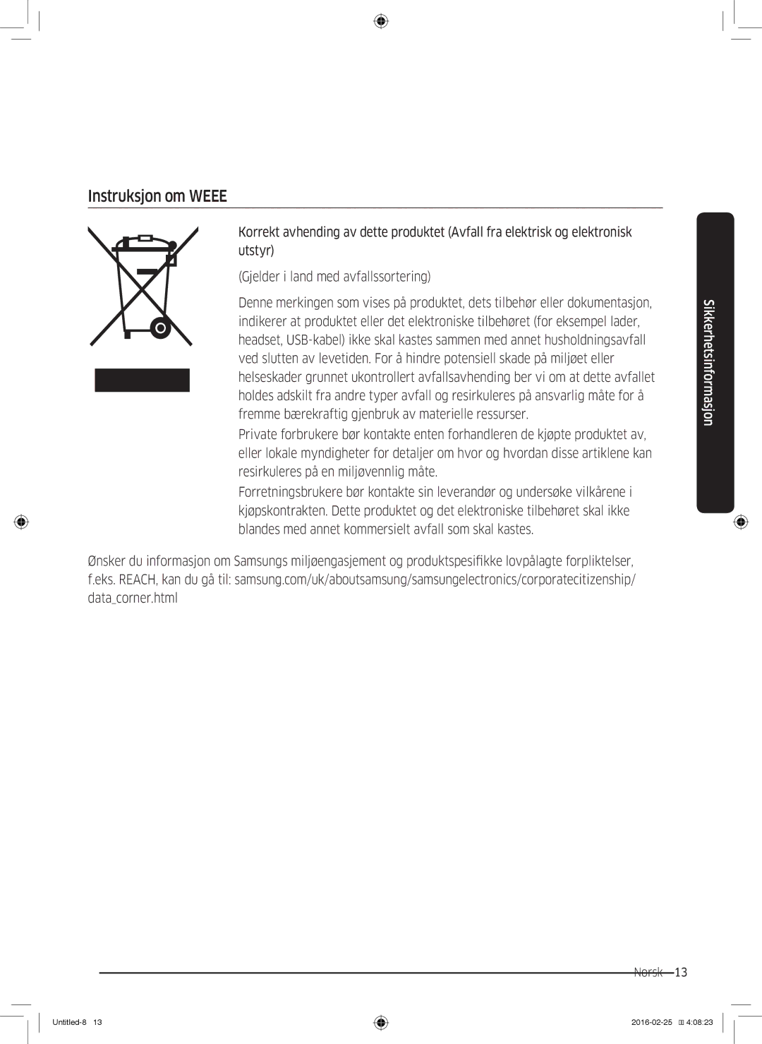 Samsung WW80K5400WW/EE, WW80K5400UW/EE, WW90K5400WW/EE, WW70K5400UW/EE manual Instruksjon om Weee 