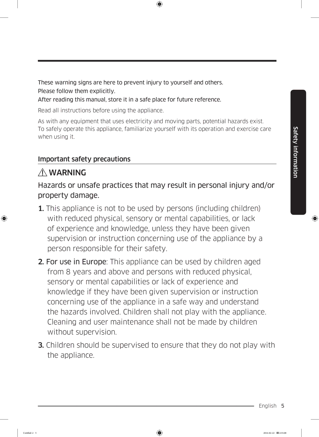 Samsung WW80K5400UW/EE, WW80K5400WW/EE, WW90K5400WW/EE, WW70K5400UW/EE manual Important safety precautions 