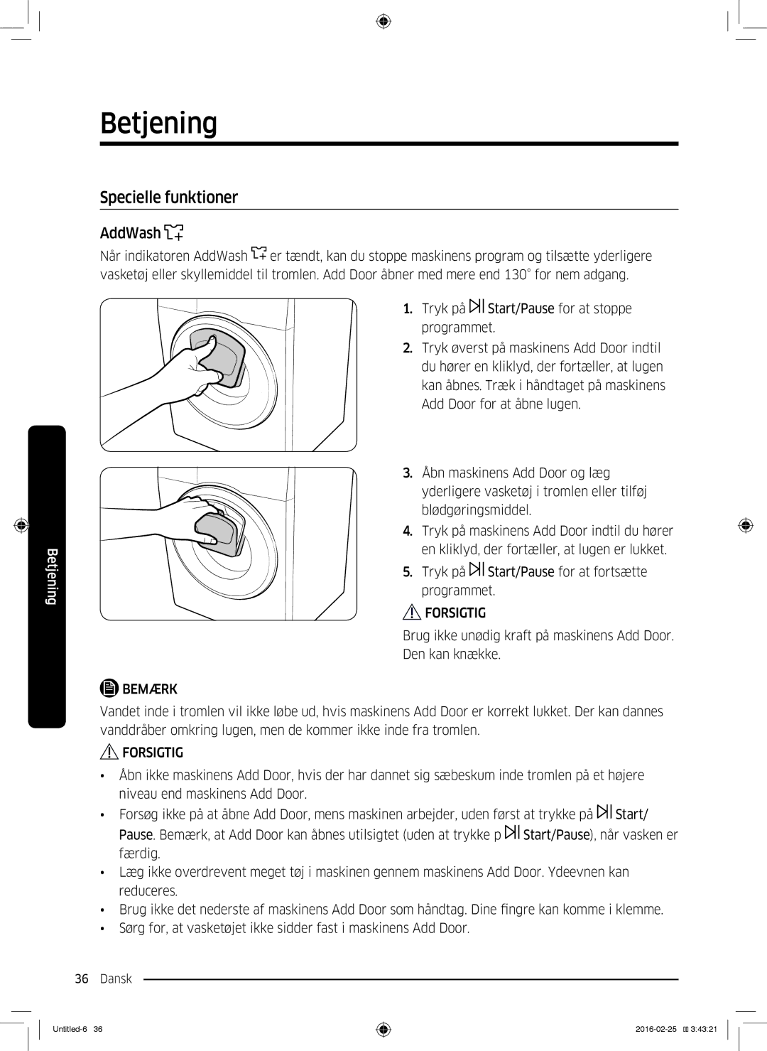 Samsung WW80K5400UW/EE, WW80K5400WW/EE, WW90K5400WW/EE, WW70K5400UW/EE manual Specielle funktioner, AddWash 