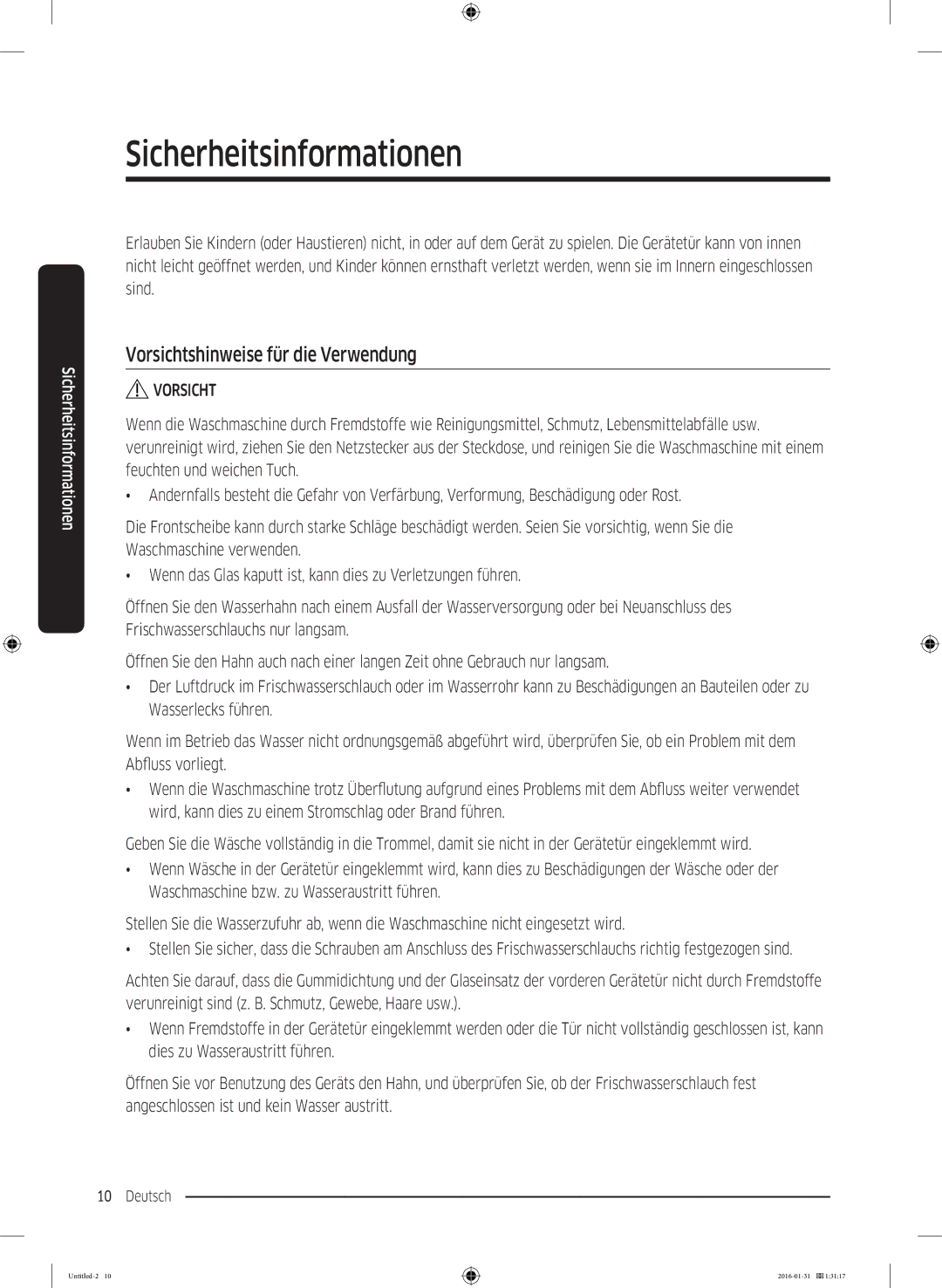 Samsung WW90K5400UW/EG, WW80K5400UW/EG, WW80K5400WW/EG manual Vorsichtshinweise für die Verwendung 