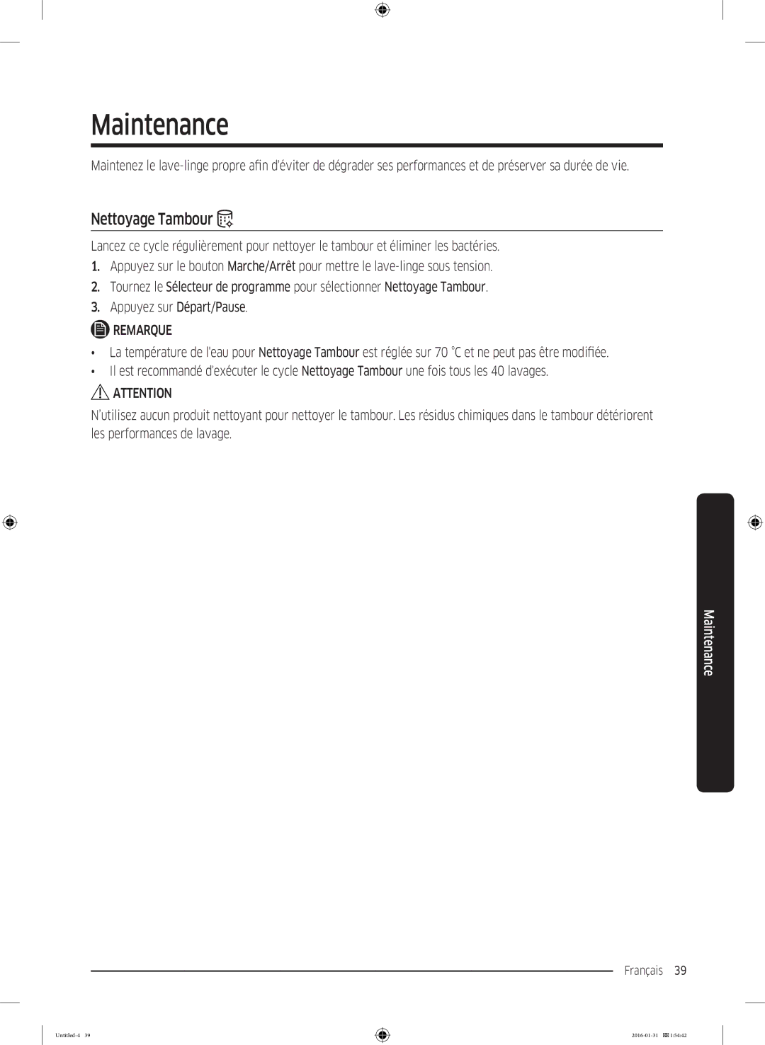 Samsung WW90K5400UW/EG, WW80K5400UW/EG, WW80K5400WW/EG manual Maintenance, Nettoyage Tambour 