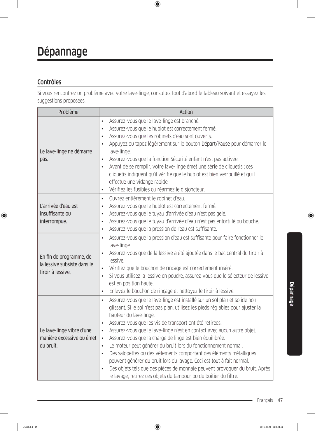 Samsung WW80K5400UW/EG, WW90K5400UW/EG, WW80K5400WW/EG manual Dépannage, Contrôles 