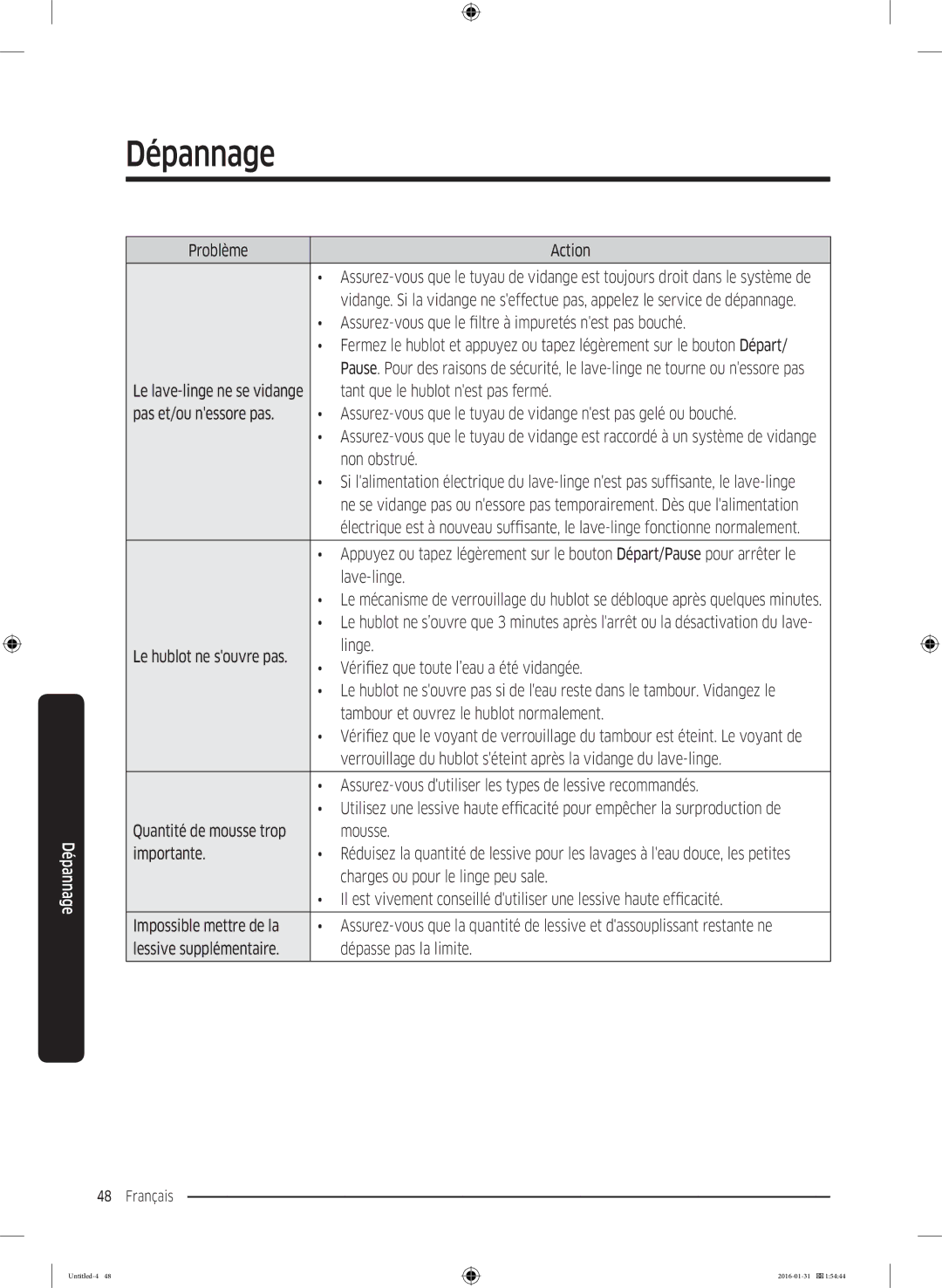 Samsung WW90K5400UW/EG manual Problème Action, Assurez-vous que le filtre à impuretés nest pas bouché, Non obstrué 