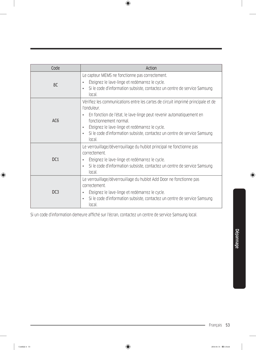 Samsung WW80K5400UW/EG, WW90K5400UW/EG, WW80K5400WW/EG manual Local, Londuleur, Fonctionnement normal 