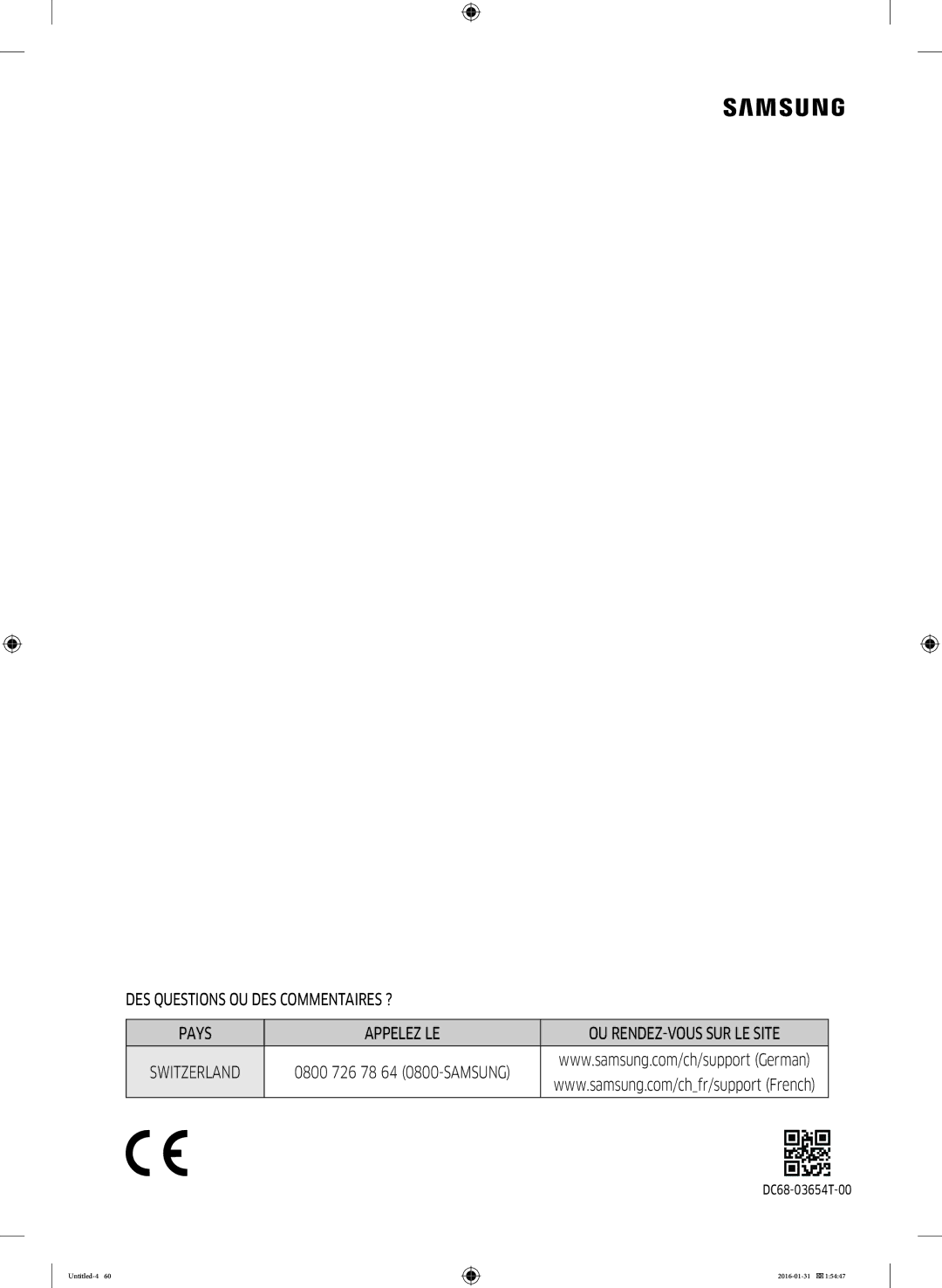 Samsung WW90K5400UW/EG, WW80K5400UW/EG, WW80K5400WW/EG manual DES Questions OU DES Commentaires ? Pays Appelez LE 