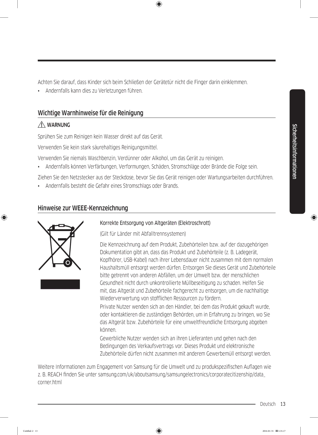 Samsung WW90K5400UW/EG, WW80K5400UW/EG manual Wichtige Warnhinweise für die Reinigung, Hinweise zur WEEE-Kennzeichnung 