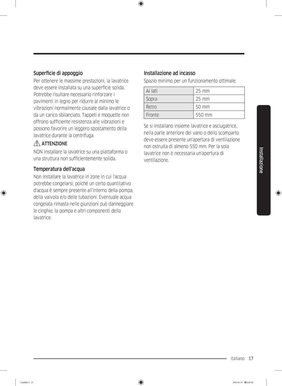 Samsung WW80K5400UW/EG, WW90K5400UW/EG manual Superficie di appoggio, Temperatura dellacqua, Installazione ad incasso 