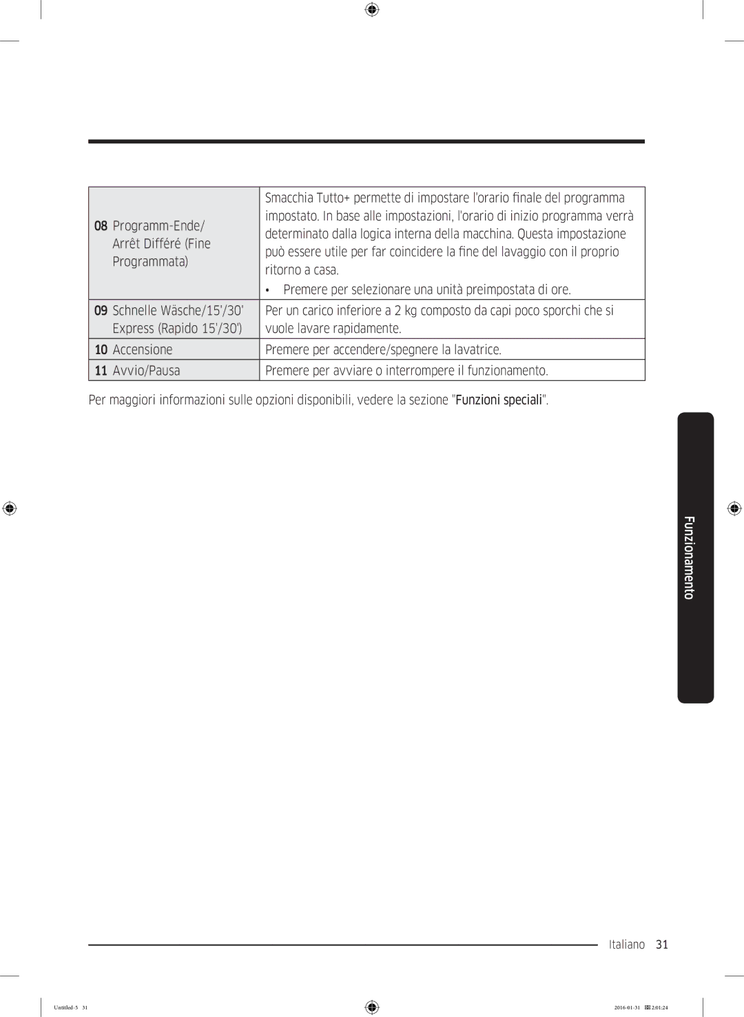 Samsung WW80K5400WW/EG, WW80K5400UW/EG, WW90K5400UW/EG manual Arrêt Différé Fine, Programmata, Ritorno a casa 