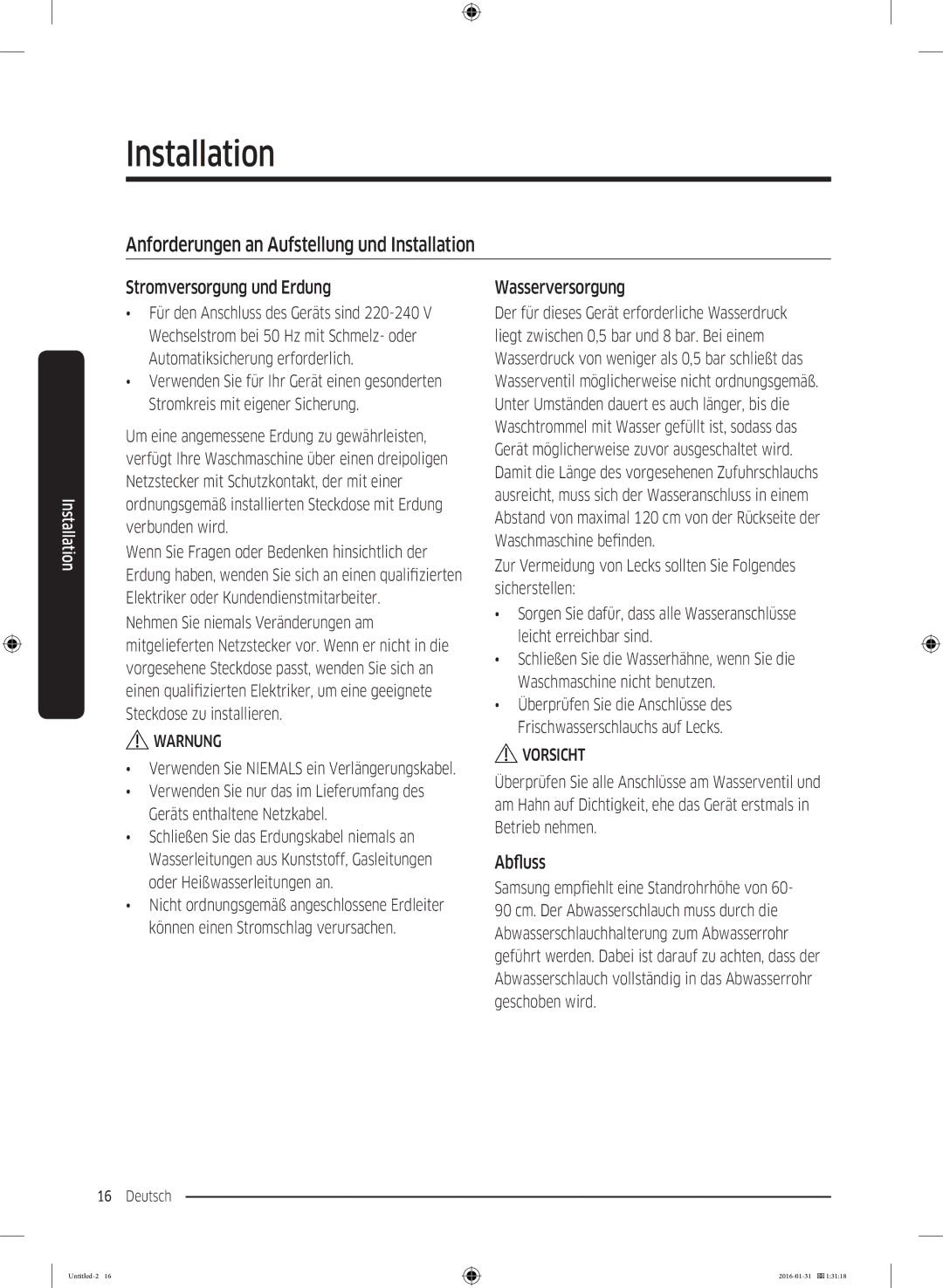 Samsung WW90K5400UW/EG Anforderungen an Aufstellung und Installation, Stromversorgung und Erdung, Wasserversorgung 