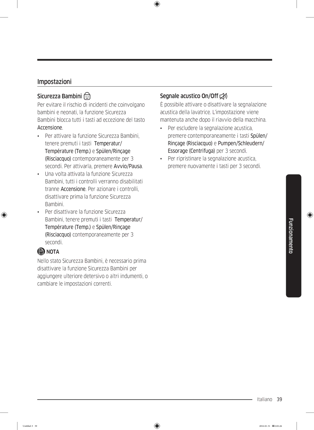 Samsung WW90K5400UW/EG, WW80K5400UW/EG, WW80K5400WW/EG manual Impostazioni, Sicurezza Bambini, Segnale acustico On/Off 