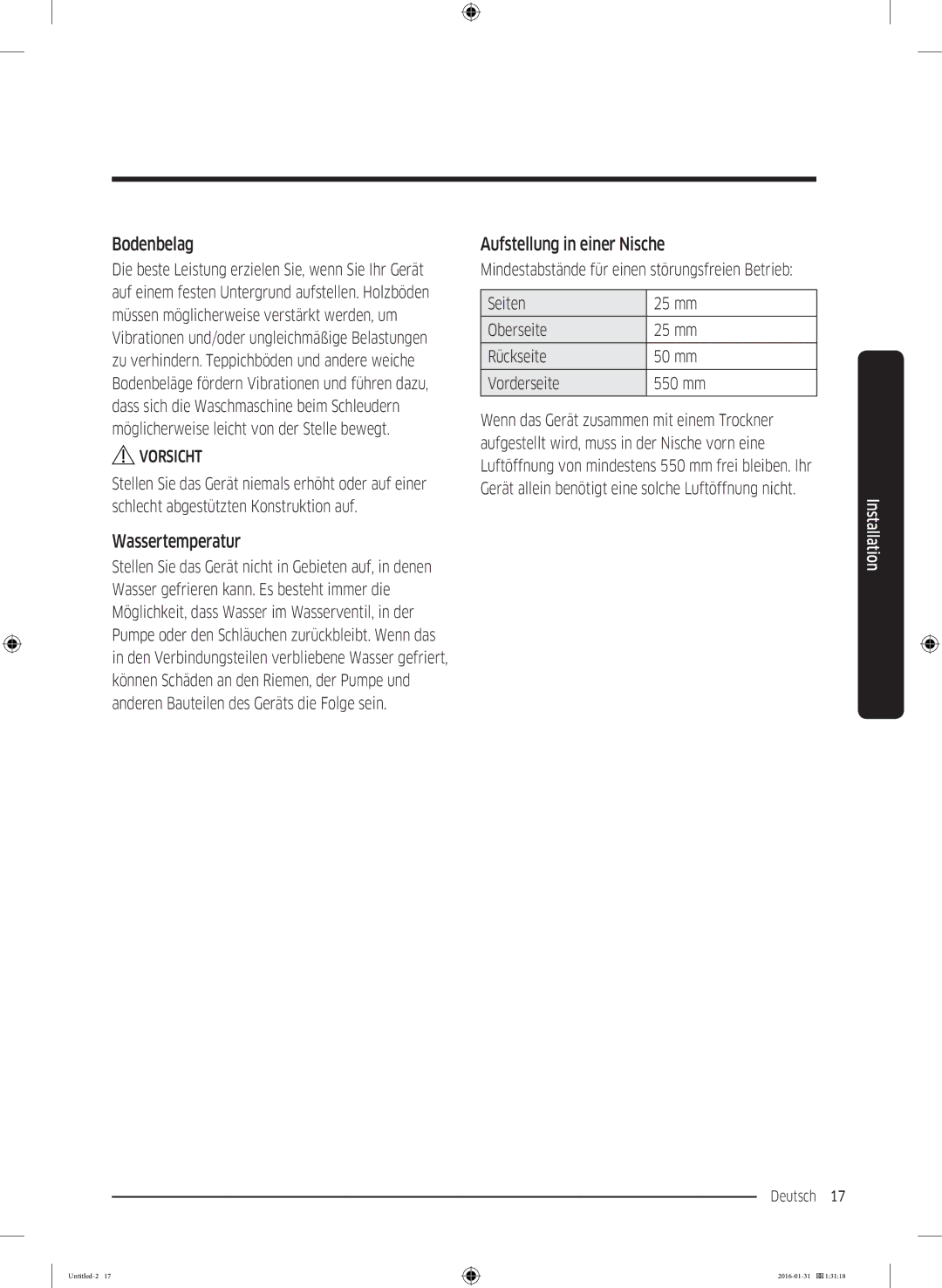 Samsung WW80K5400WW/EG, WW80K5400UW/EG, WW90K5400UW/EG manual Bodenbelag, Wassertemperatur, Aufstellung in einer Nische 