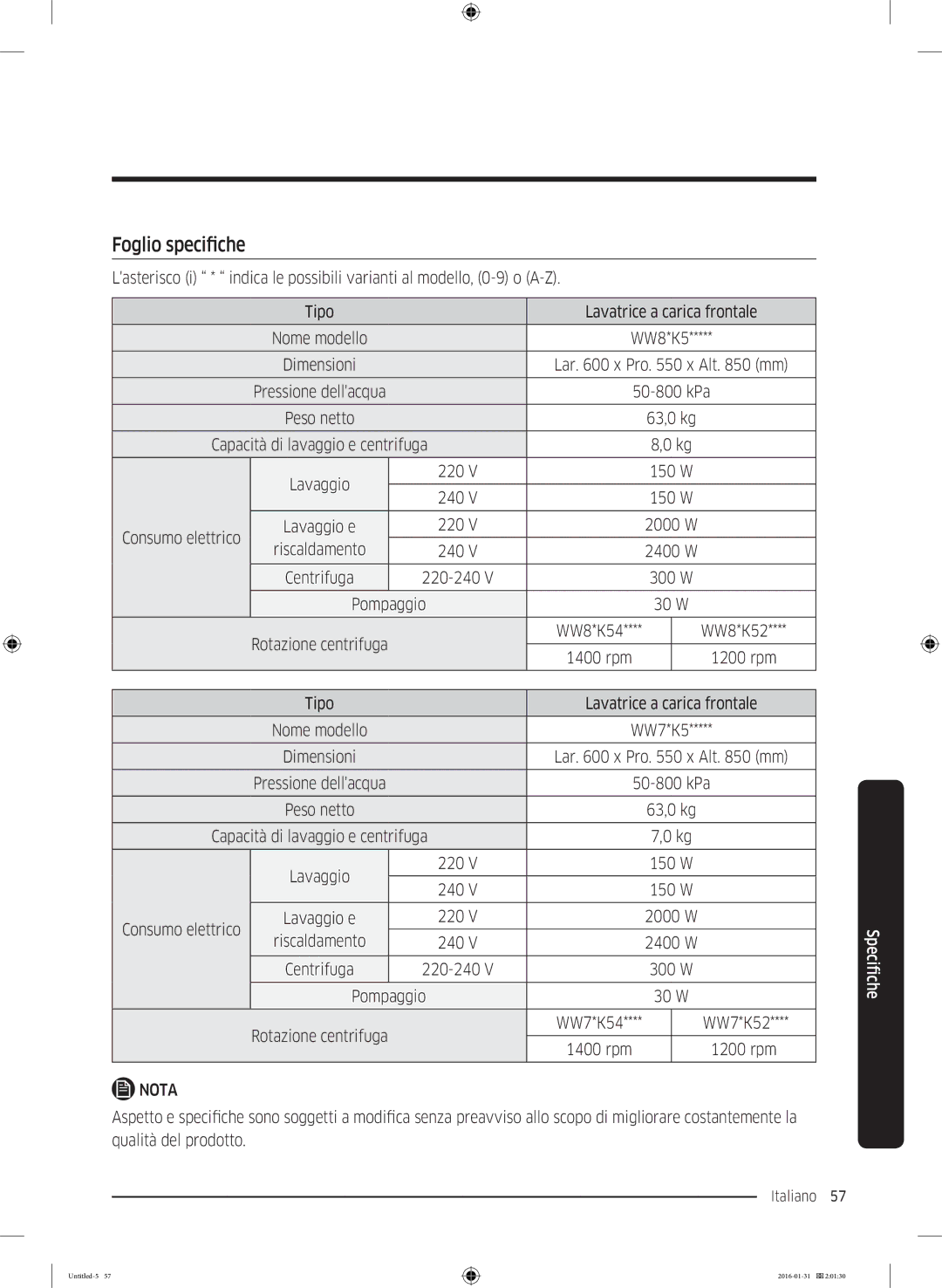 Samsung WW90K5400UW/EG, WW80K5400UW/EG, WW80K5400WW/EG manual Foglio specifiche 