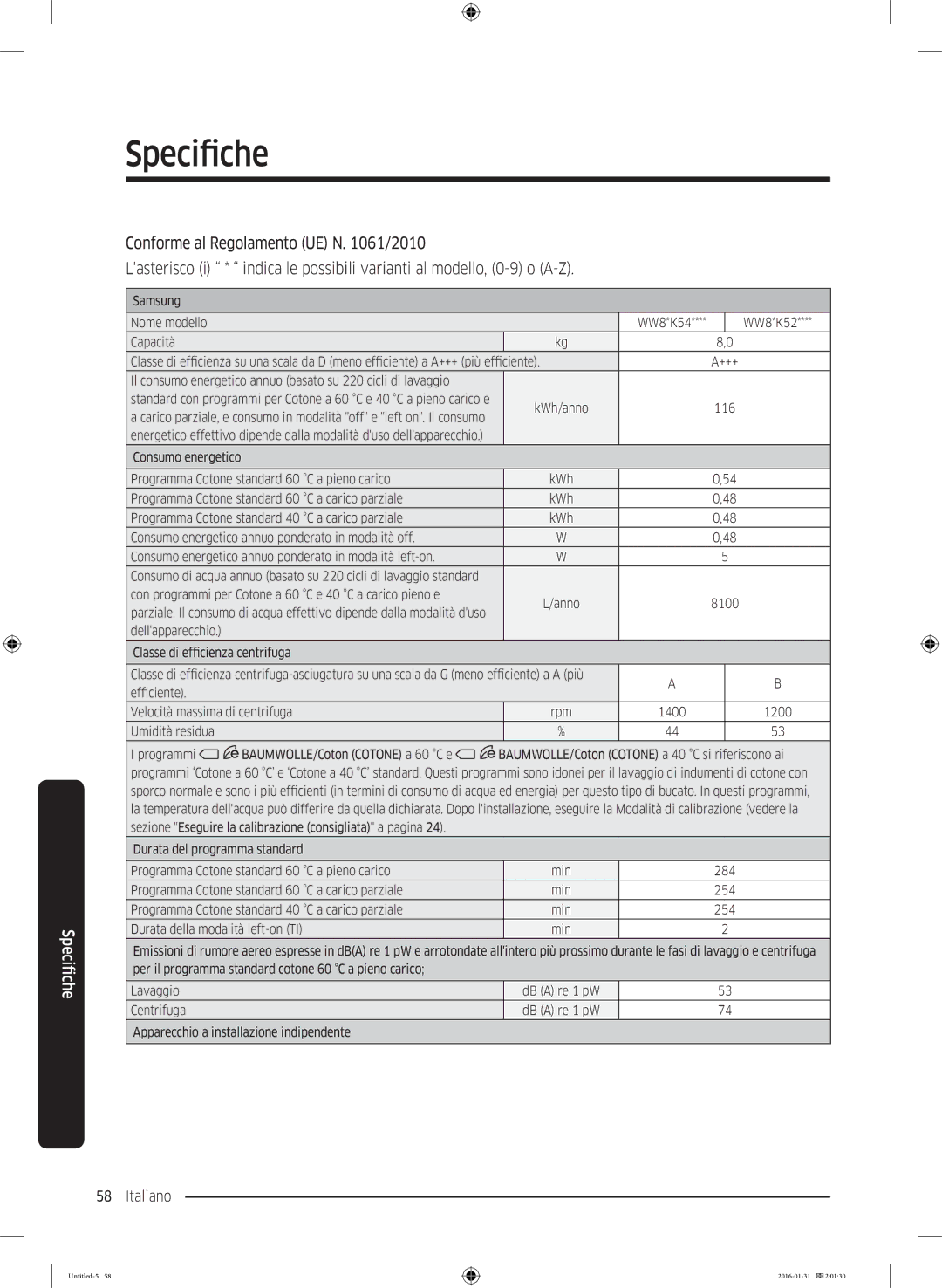 Samsung WW80K5400WW/EG, WW80K5400UW/EG, WW90K5400UW/EG manual Samsung Nome modello 