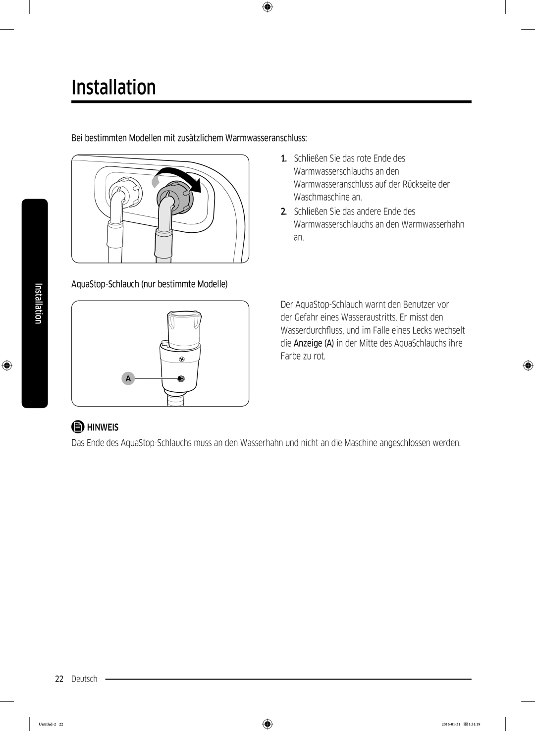 Samsung WW90K5400UW/EG, WW80K5400UW/EG, WW80K5400WW/EG manual Installation 