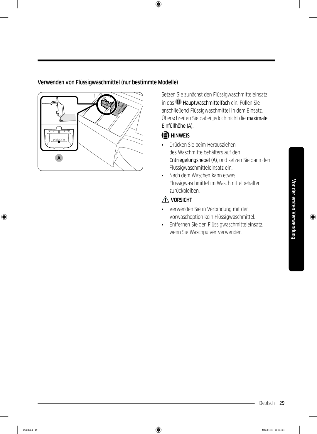 Samsung WW80K5400WW/EG, WW80K5400UW/EG, WW90K5400UW/EG manual Verwenden von Flüssigwaschmittel nur bestimmte Modelle 