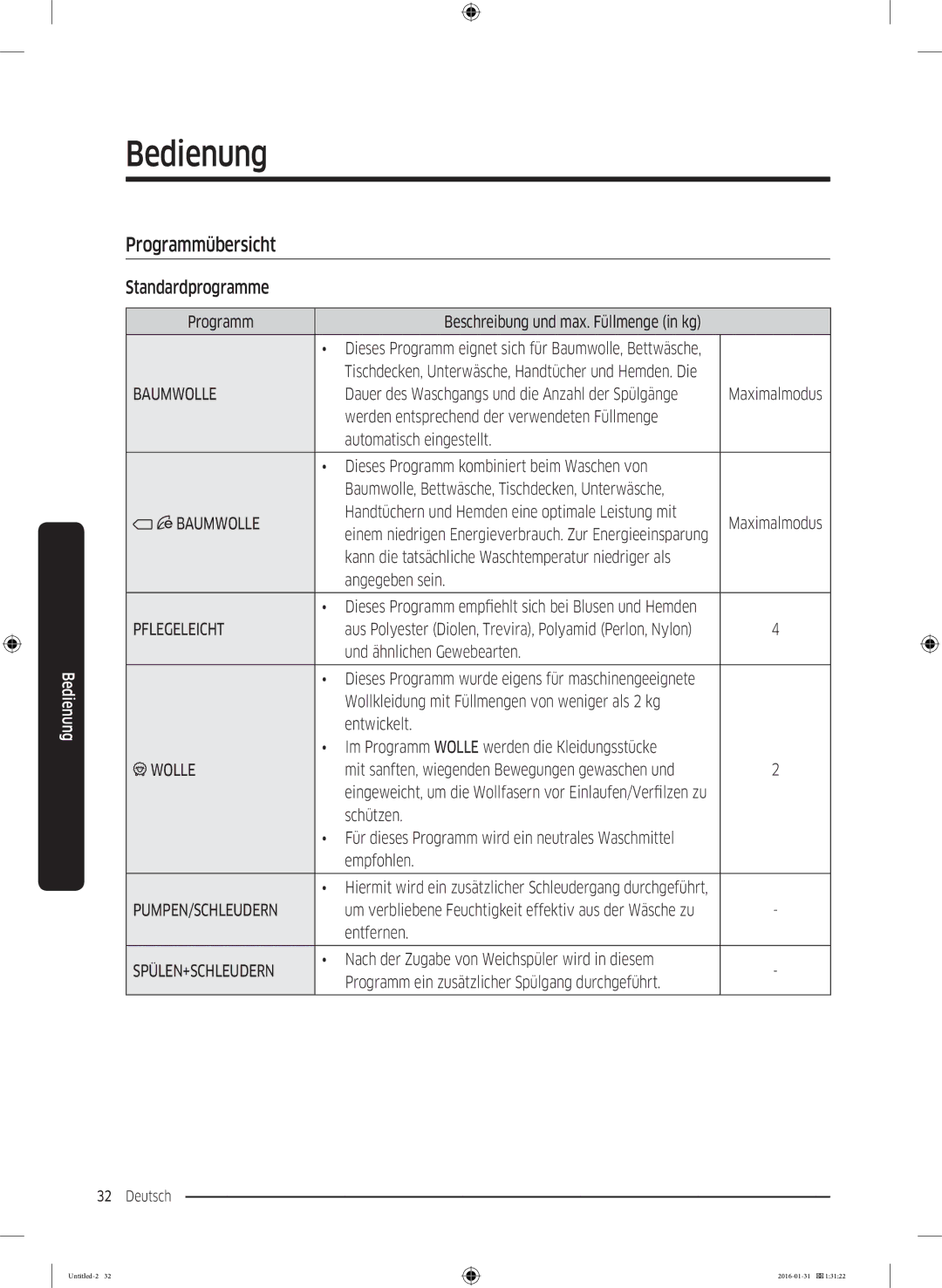 Samsung WW80K5400WW/EG manual Programmübersicht, Standardprogramme, Programm Beschreibung und max. Füllmenge in kg 