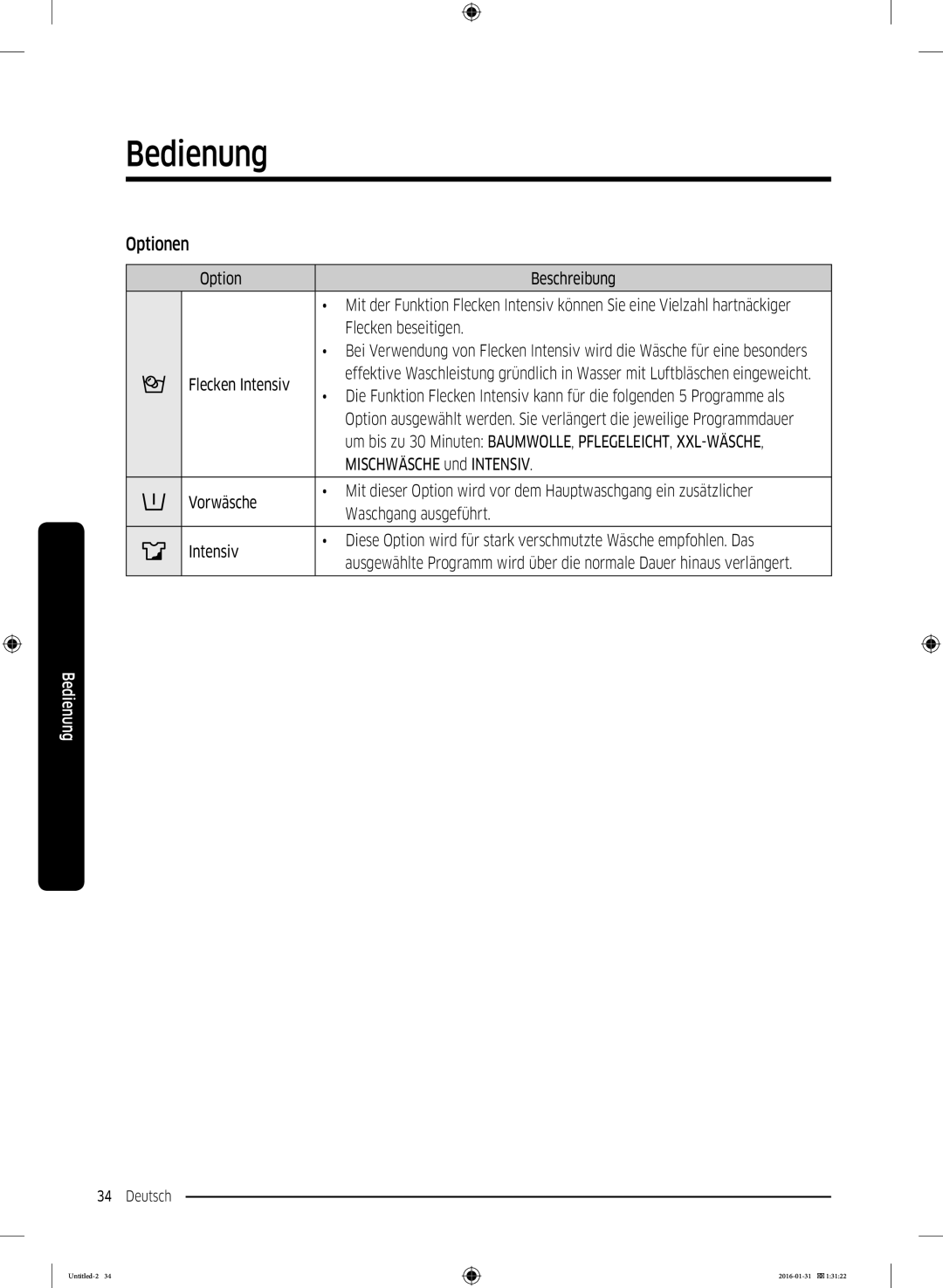 Samsung WW90K5400UW/EG, WW80K5400UW/EG manual Optionen, Option Beschreibung, Flecken beseitigen, Mischwäsche und Intensiv 