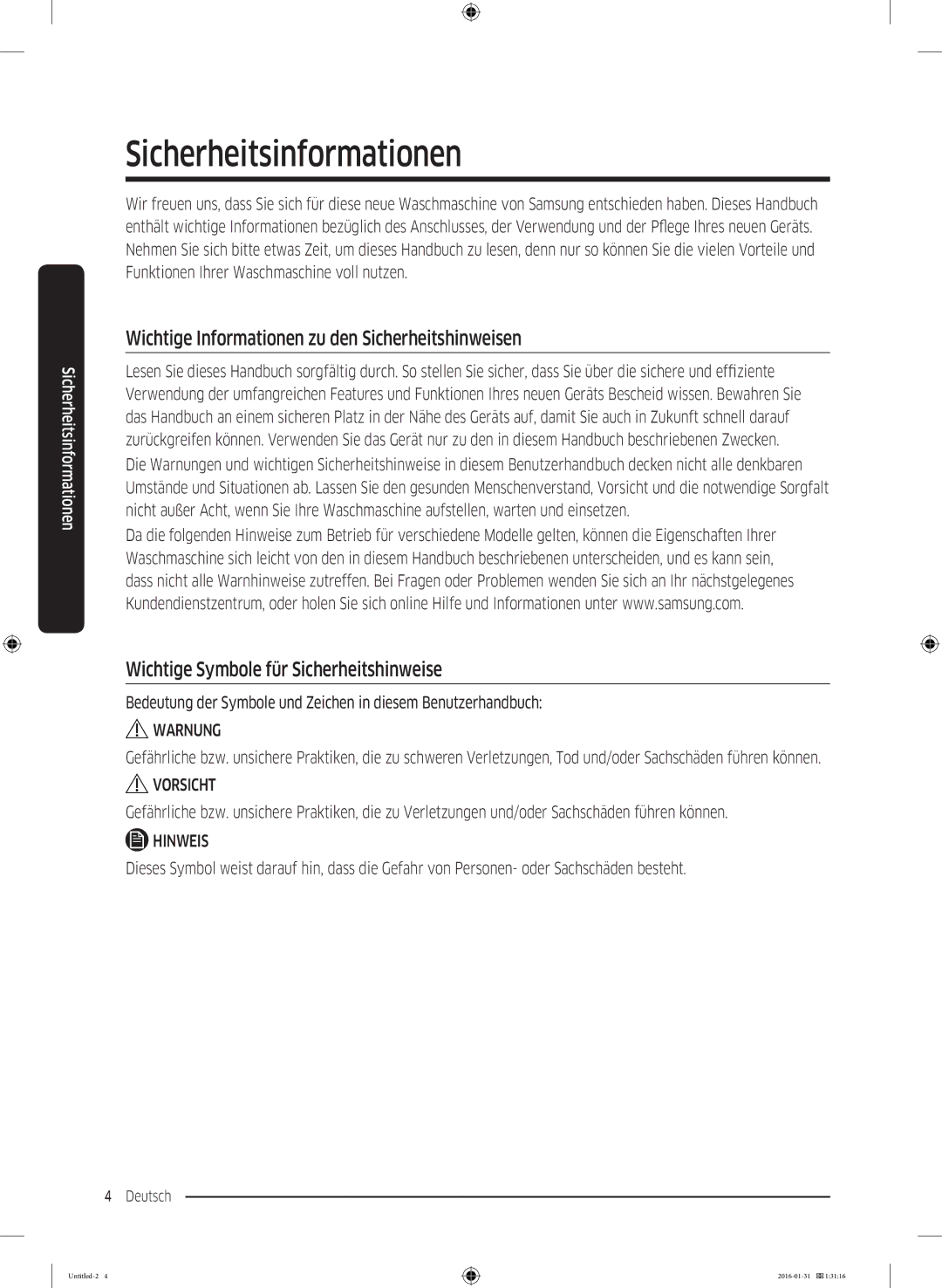 Samsung WW90K5400UW/EG, WW80K5400UW/EG manual Sicherheitsinformationen, Wichtige Informationen zu den Sicherheitshinweisen 