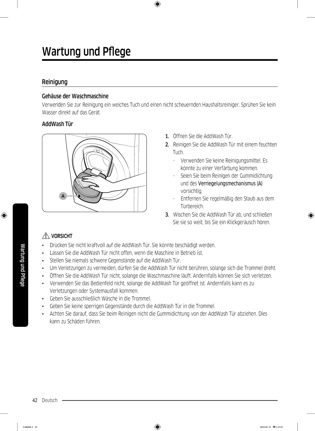 Samsung WW80K5400UW/EG, WW90K5400UW/EG, WW80K5400WW/EG manual Reinigung, Gehäuse der Waschmaschine, AddWash Tür 