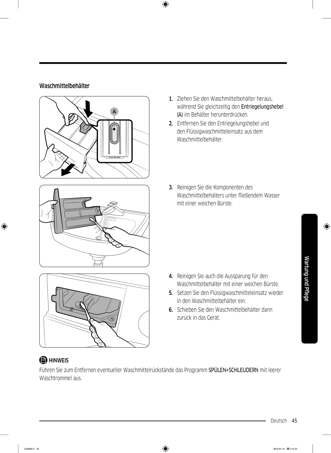 Samsung WW80K5400UW/EG, WW90K5400UW/EG, WW80K5400WW/EG manual Waschmittelbehälter 