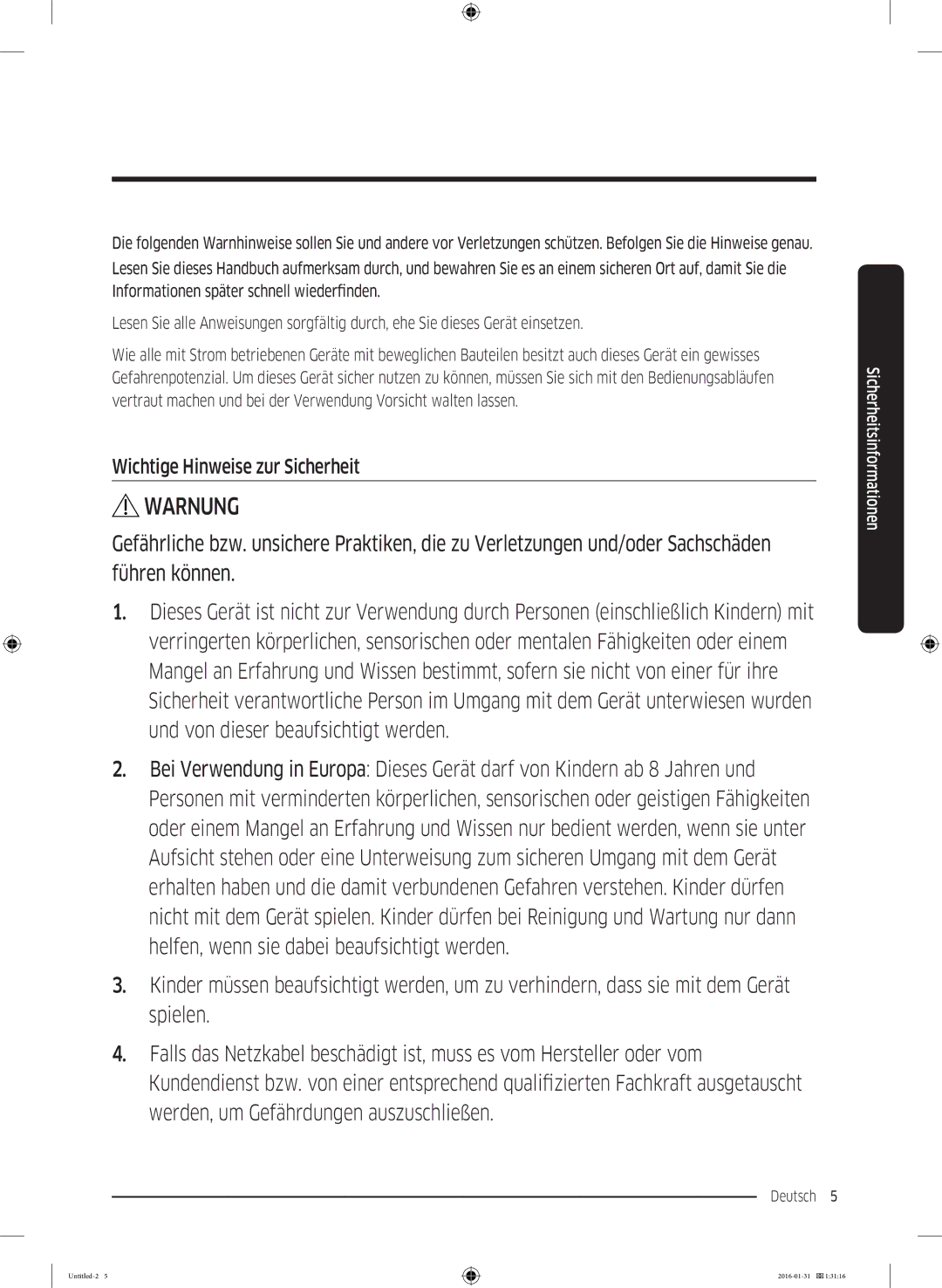 Samsung WW80K5400WW/EG, WW80K5400UW/EG, WW90K5400UW/EG manual Warnung, Wichtige Hinweise zur Sicherheit 