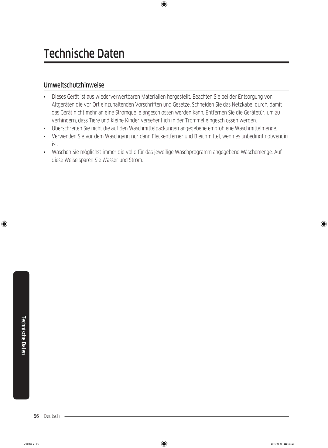 Samsung WW80K5400WW/EG, WW80K5400UW/EG, WW90K5400UW/EG manual Umweltschutzhinweise 