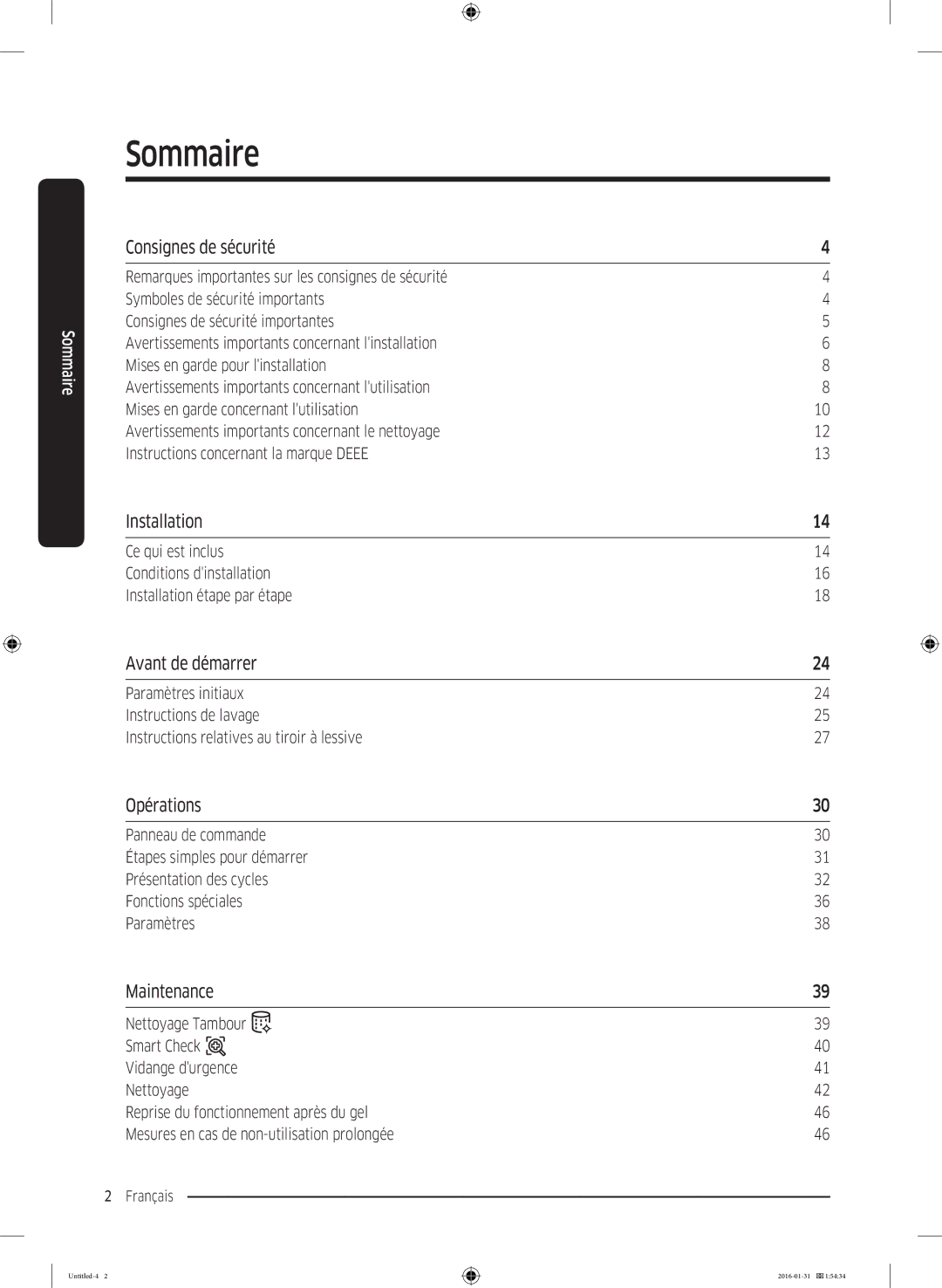 Samsung WW80K5400UW/EG, WW90K5400UW/EG, WW80K5400WW/EG manual Sommaire 