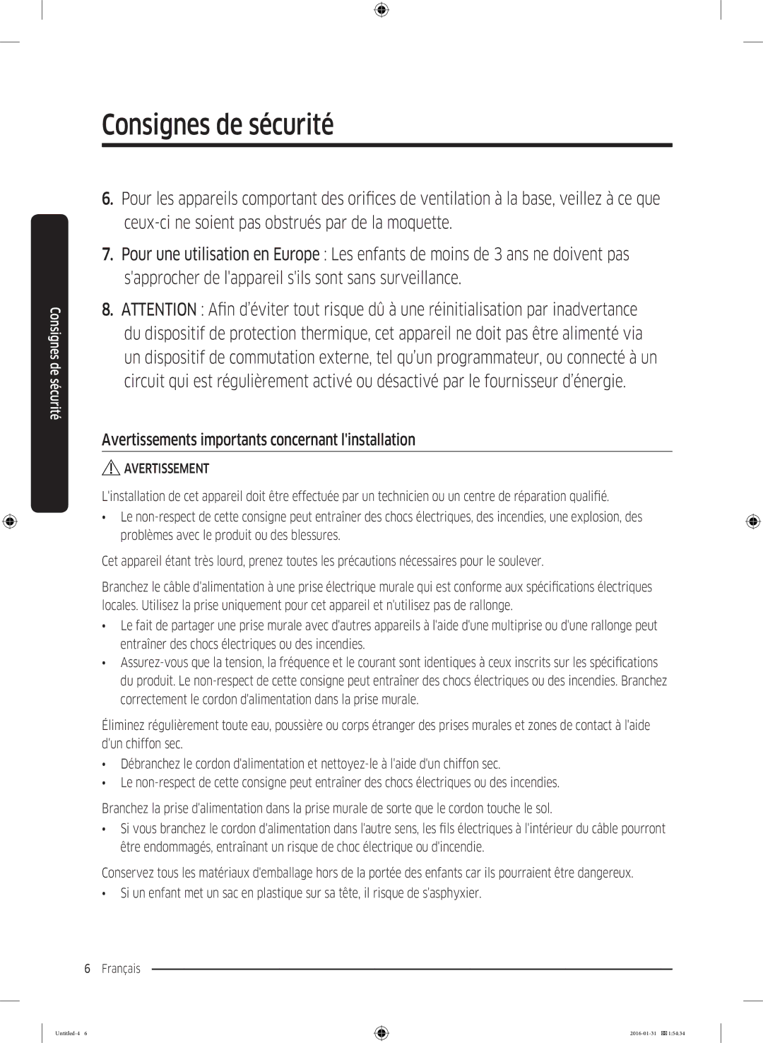 Samsung WW90K5400UW/EG, WW80K5400UW/EG, WW80K5400WW/EG manual Avertissements importants concernant linstallation 