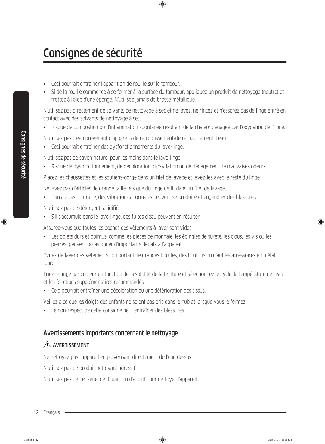 Samsung WW90K5400UW/EG, WW80K5400UW/EG, WW80K5400WW/EG manual Avertissements importants concernant le nettoyage 