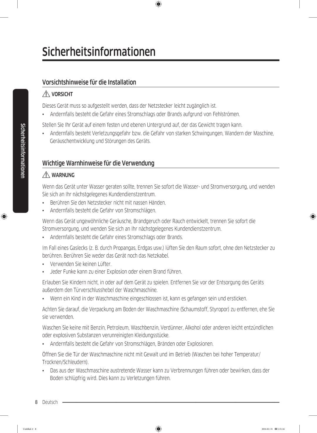 Samsung WW80K5400WW/EG, WW80K5400UW/EG Vorsichtshinweise für die Installation, Wichtige Warnhinweise für die Verwendung 