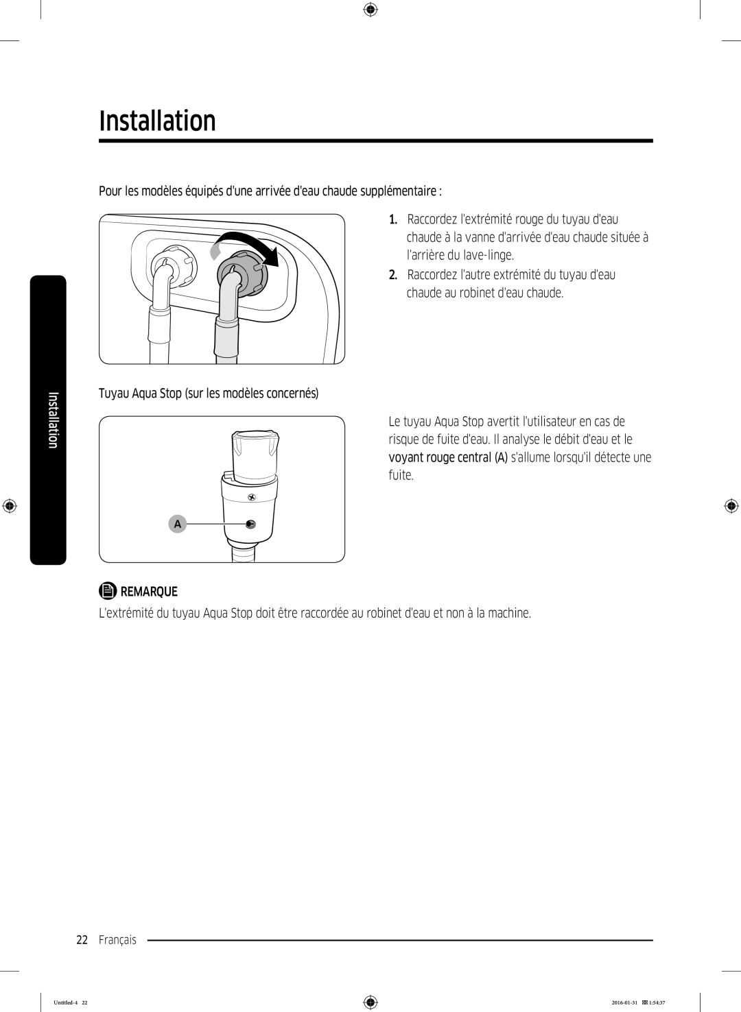 Samsung WW80K5400WW/EG, WW80K5400UW/EG, WW90K5400UW/EG manual Installation 