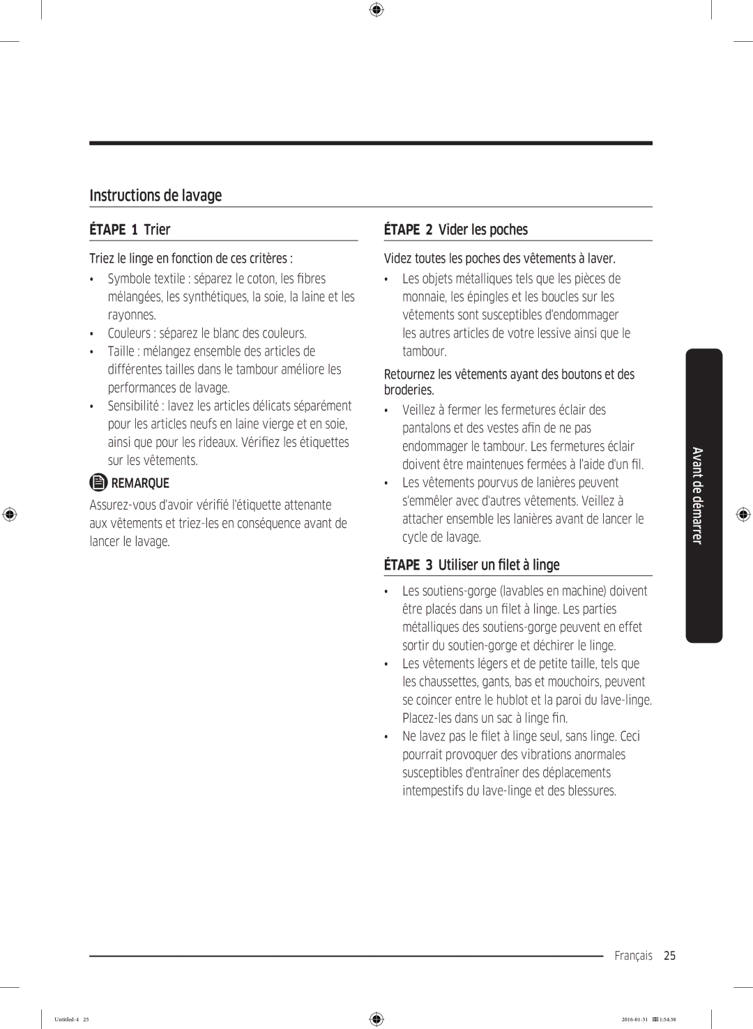 Samsung WW80K5400WW/EG, WW80K5400UW/EG Instructions de lavage, Étape 2 Vider les poches, Étape 3 Utiliser un filet à linge 