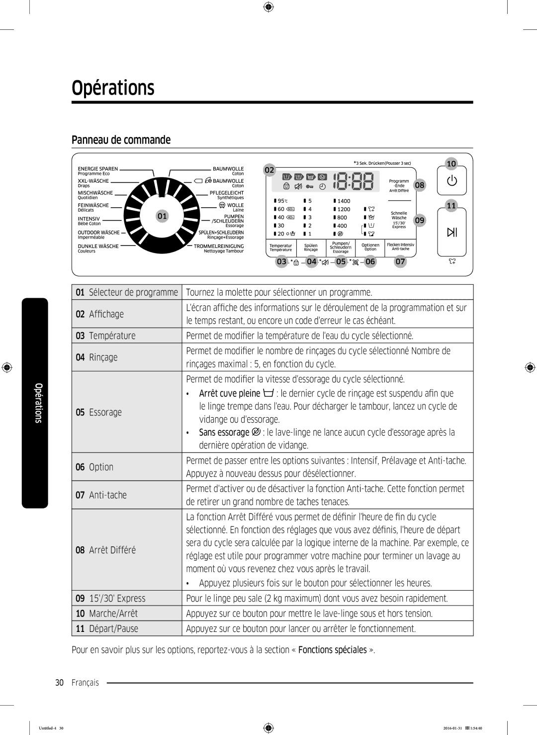 Samsung WW90K5400UW/EG, WW80K5400UW/EG, WW80K5400WW/EG manual Opérations, Panneau de commande 