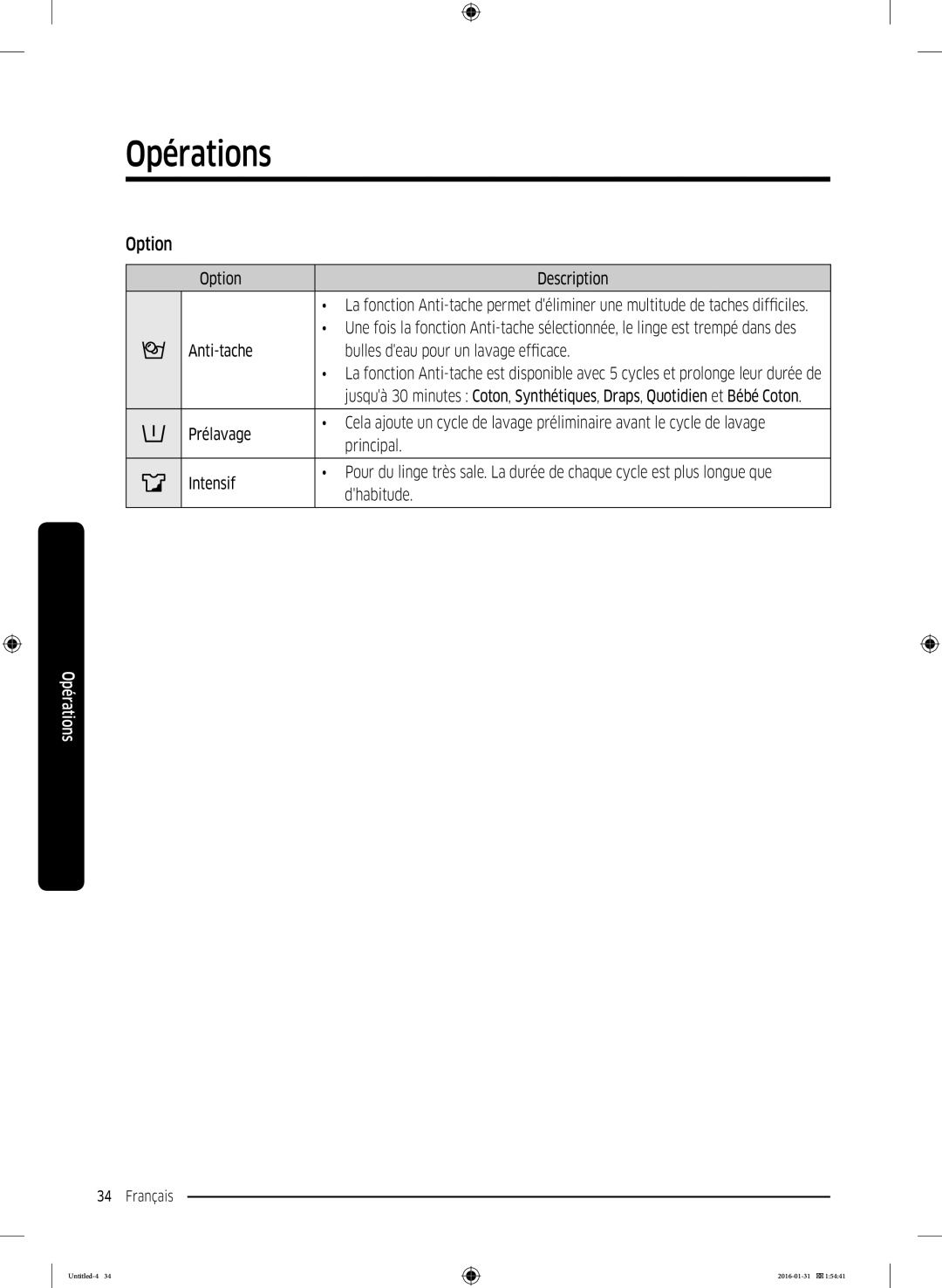 Samsung WW80K5400WW/EG, WW80K5400UW/EG manual Option Description, Anti-tache Bulles deau pour un lavage efficace 