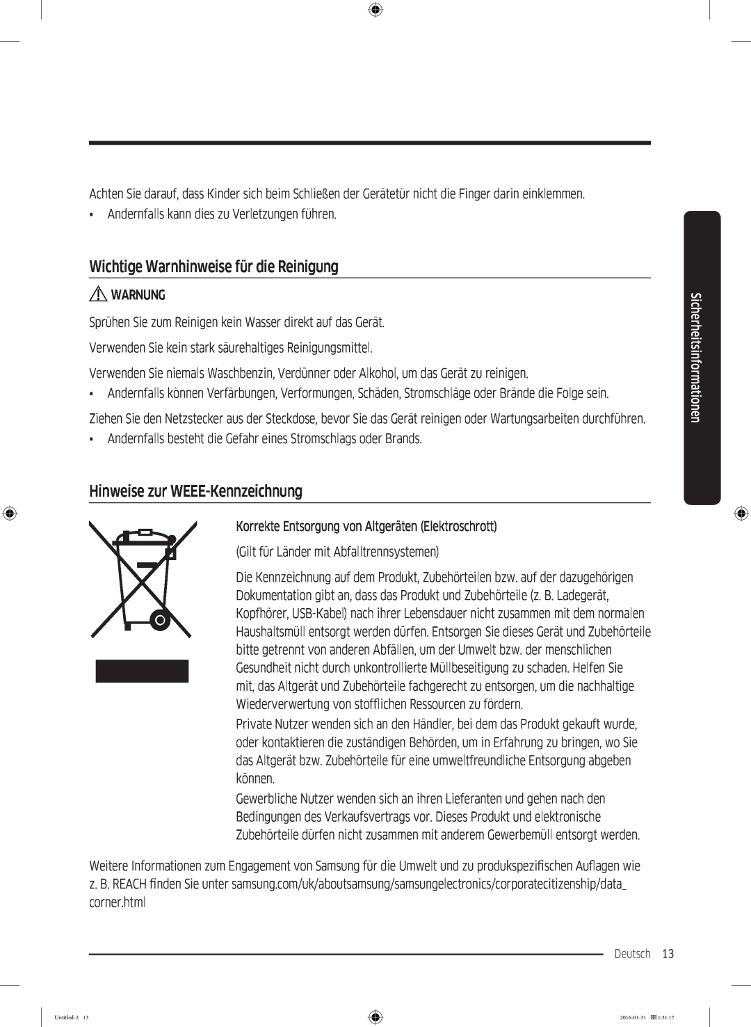 Samsung WW90K5400UW/EG manual Wichtige Warnhinweise für die Reinigung, Hinweise zur WEEE-Kennzeichnung, Deutsch 13  
