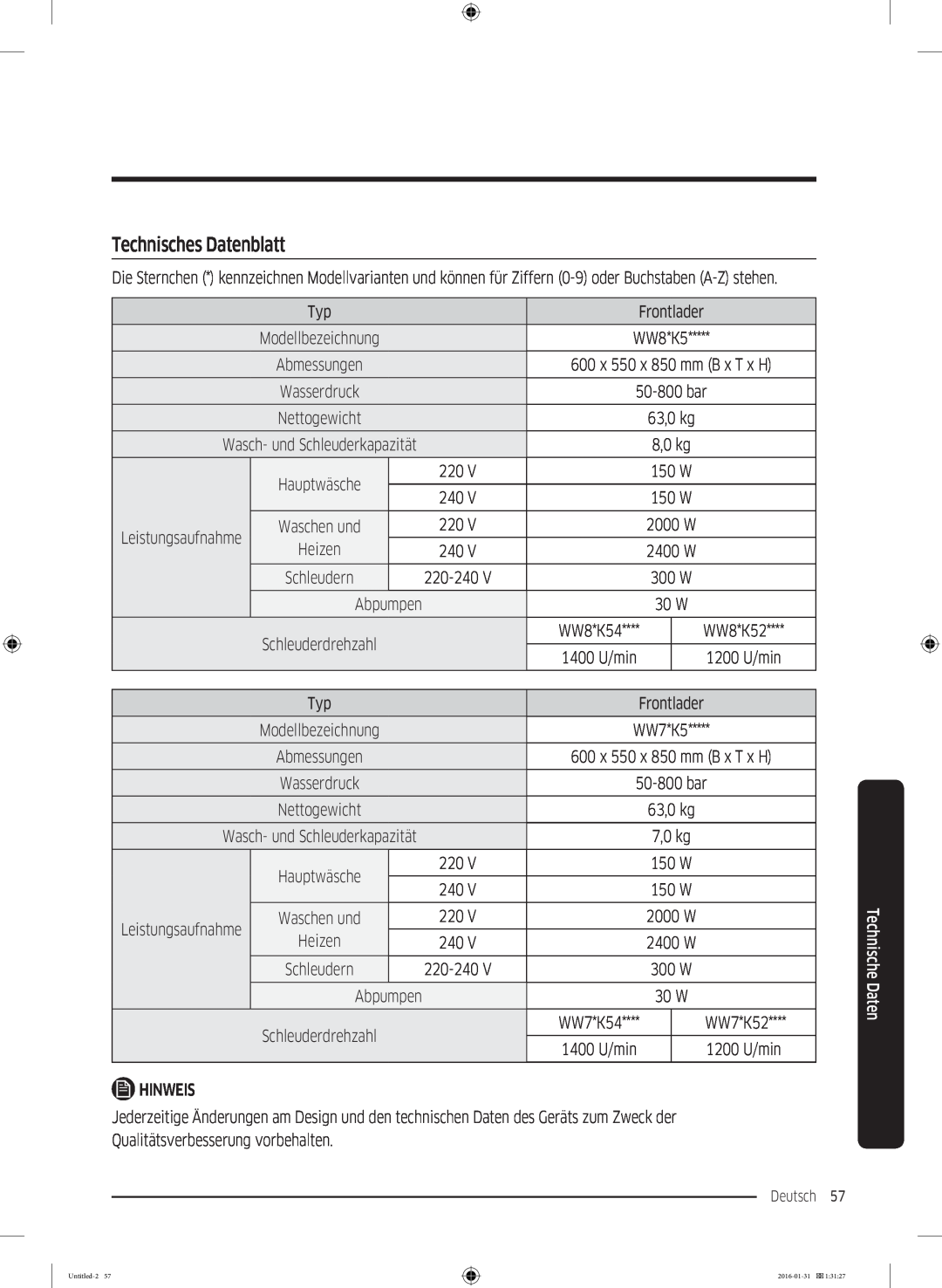 Samsung WW80K5400UW/EG, WW90K5400UW/EG, WW80K5400WW/EG manual Technisches Datenblatt, Frontlader, Heizen, Hinweis 