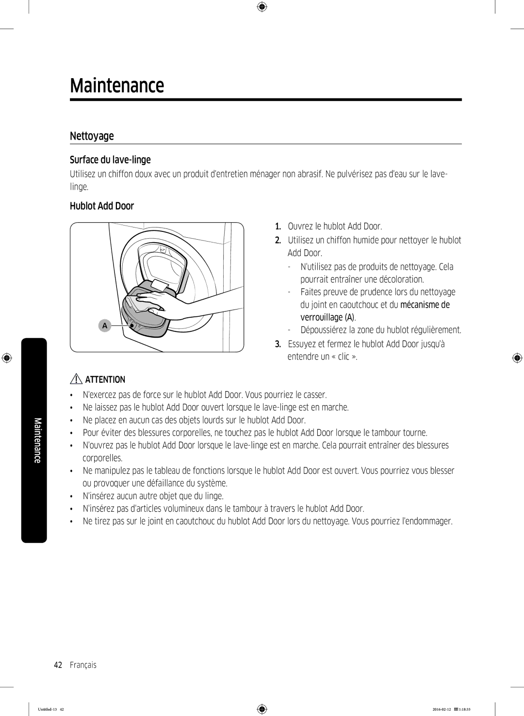 Samsung WW70K5400WW/EN, WW80K5400WW/EG, WW90K5400WW/EN, WW71K5400WW/EN Nettoyage, Surface du lave-linge, Hublot Add Door 