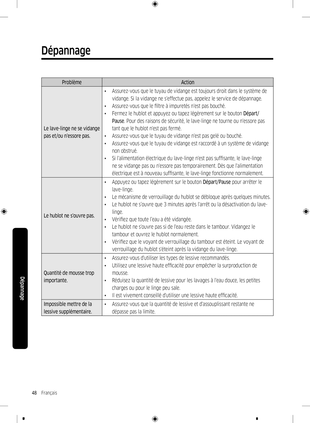 Samsung WW70K5400WW/EN manual Problème Action, Assurez-vous que le filtre à impuretés nest pas bouché, Non obstrué 