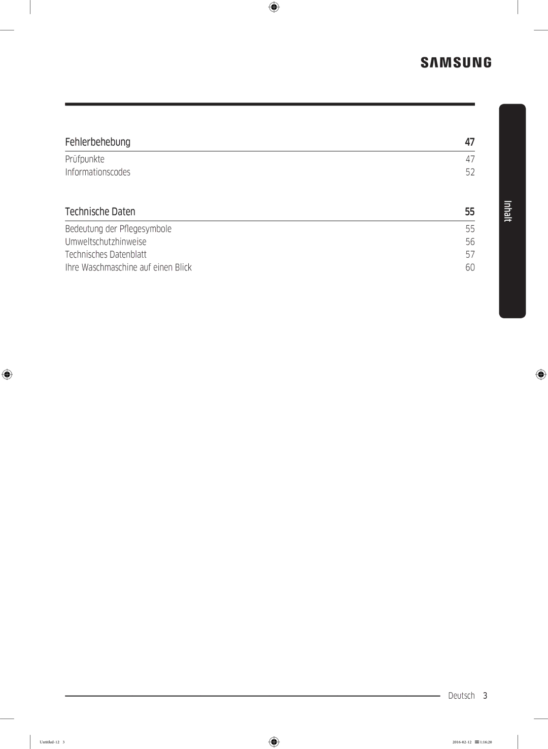 Samsung WW90K5400WW/EN Fehlerbehebung, Technische Daten, Prüfpunkte Informationscodes, Ihre Waschmaschine auf einen Blick 