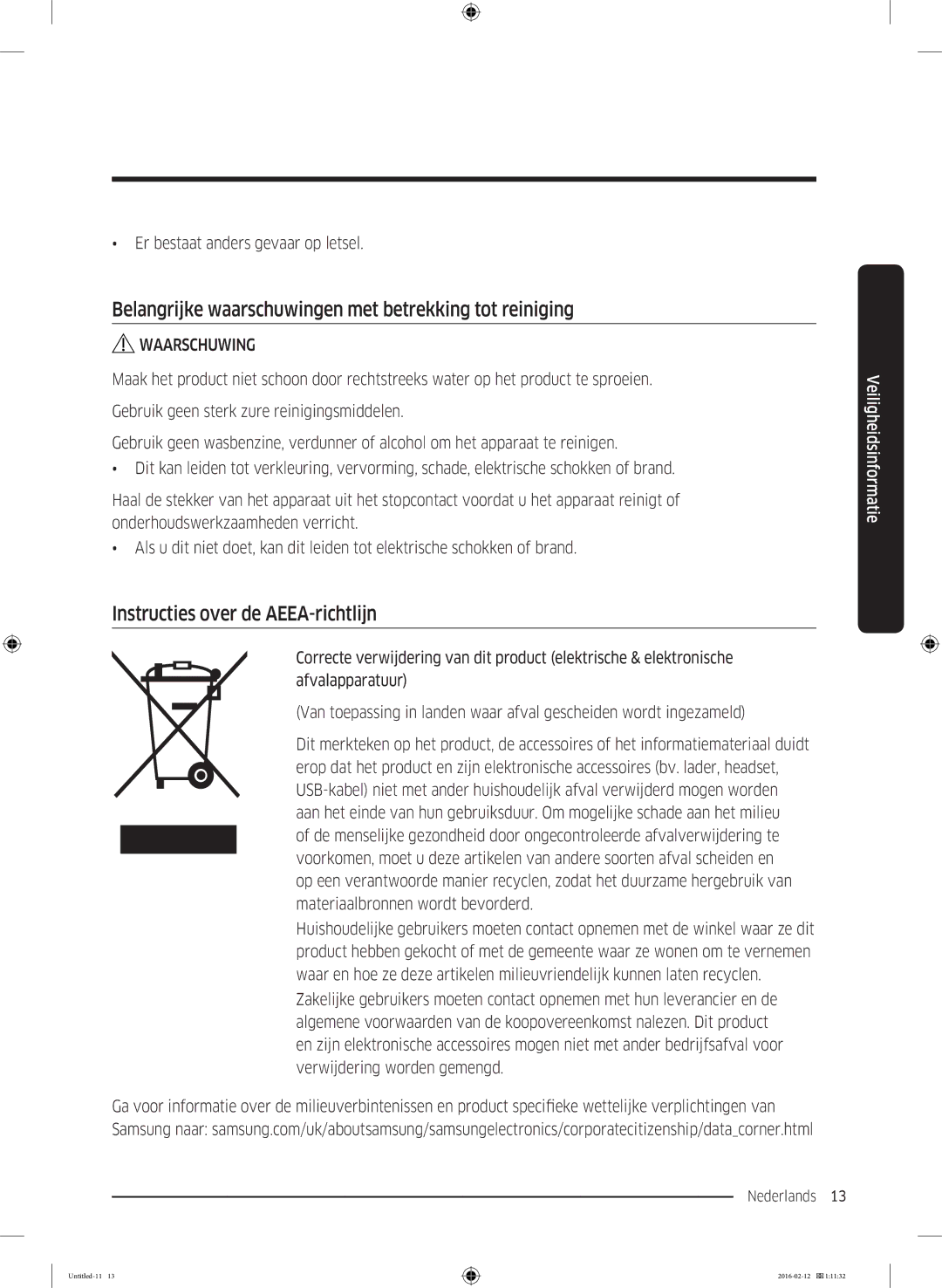 Samsung WW90K5400WW/EN manual Belangrijke waarschuwingen met betrekking tot reiniging, Instructies over de AEEA-richtlijn 