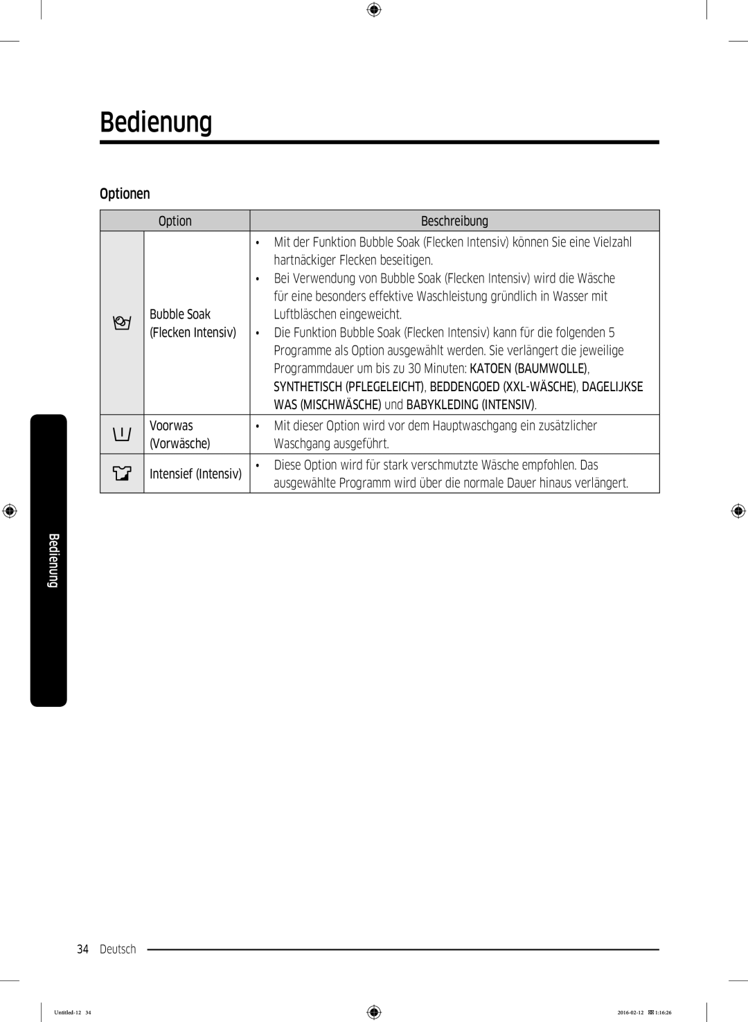 Samsung WW71K5400WW/EN, WW80K5400WW/EG, WW90K5400WW/EN manual Optionen, Option Beschreibung, Hartnäckiger Flecken beseitigen 