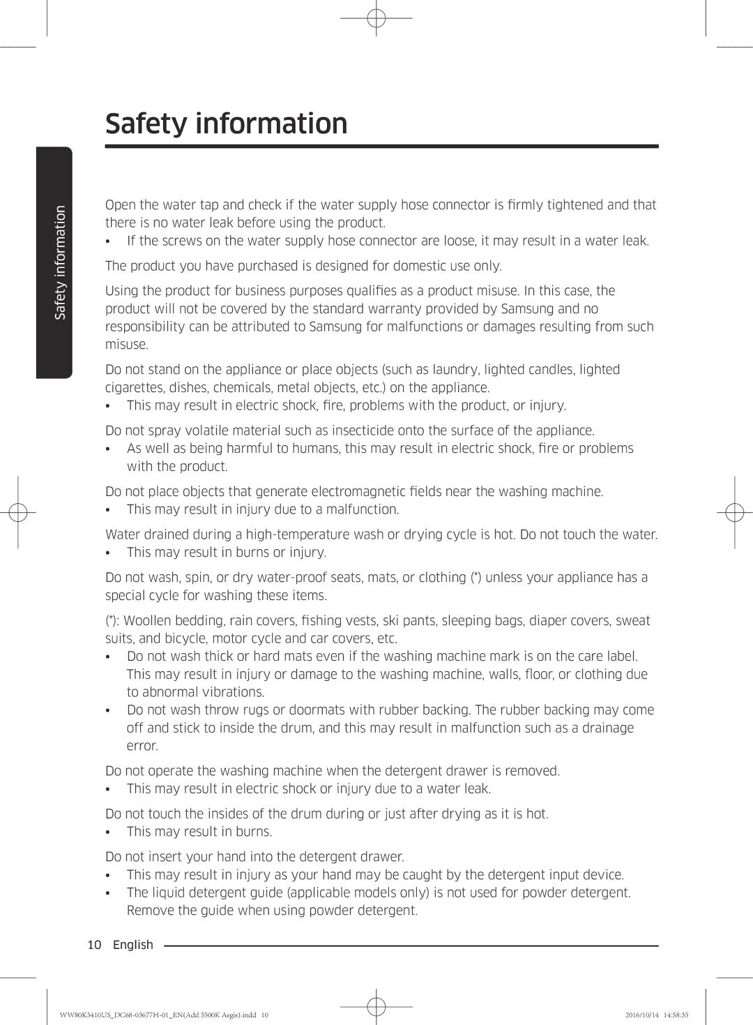 Samsung WW75K5210YW/SV, WW80K5410US/SV, WW75K5210US/SV, WW80K5410WW/SV manual Safety information 