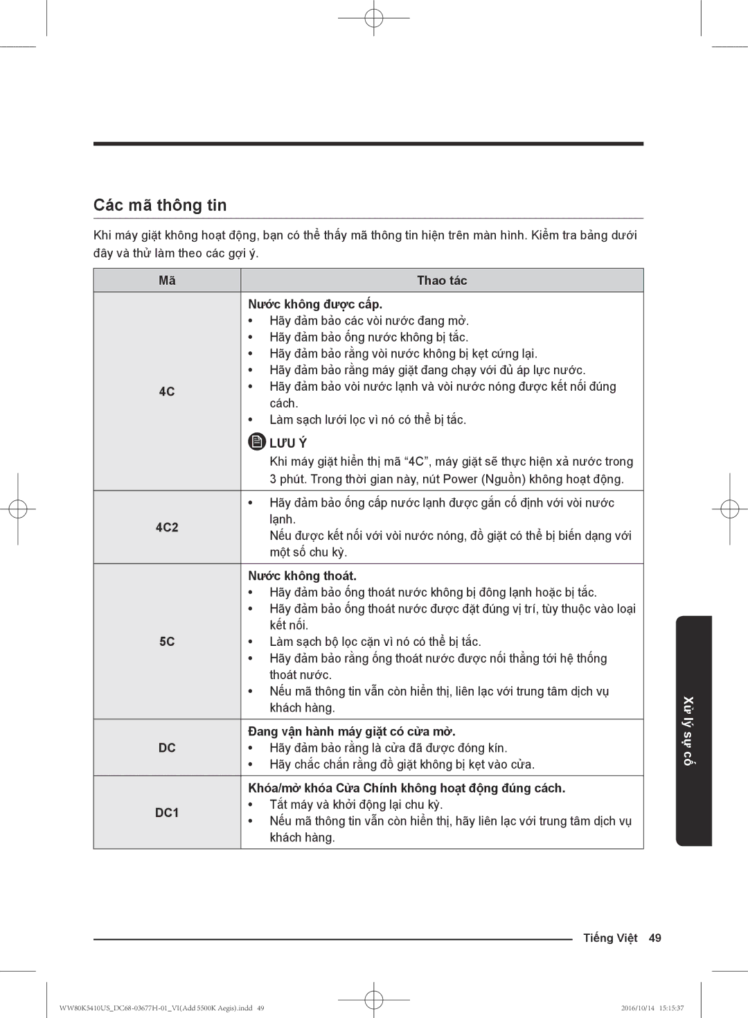 Samsung WW75K5210US/SV manual Cac mã thông tin, Phut. Trong thơi gian nay, nut Power Nguôn không hoat đông, Khách hang 