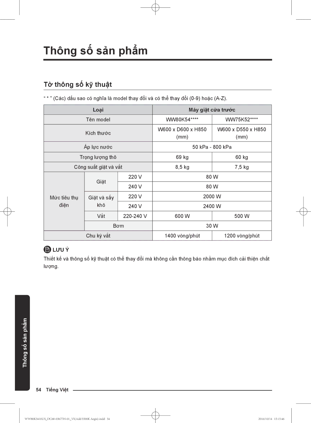 Samsung WW75K5210YW/SV, WW80K5410US/SV, WW75K5210US/SV, WW80K5410WW/SV manual Tơ thông sô kỹ thuật, Tên model 