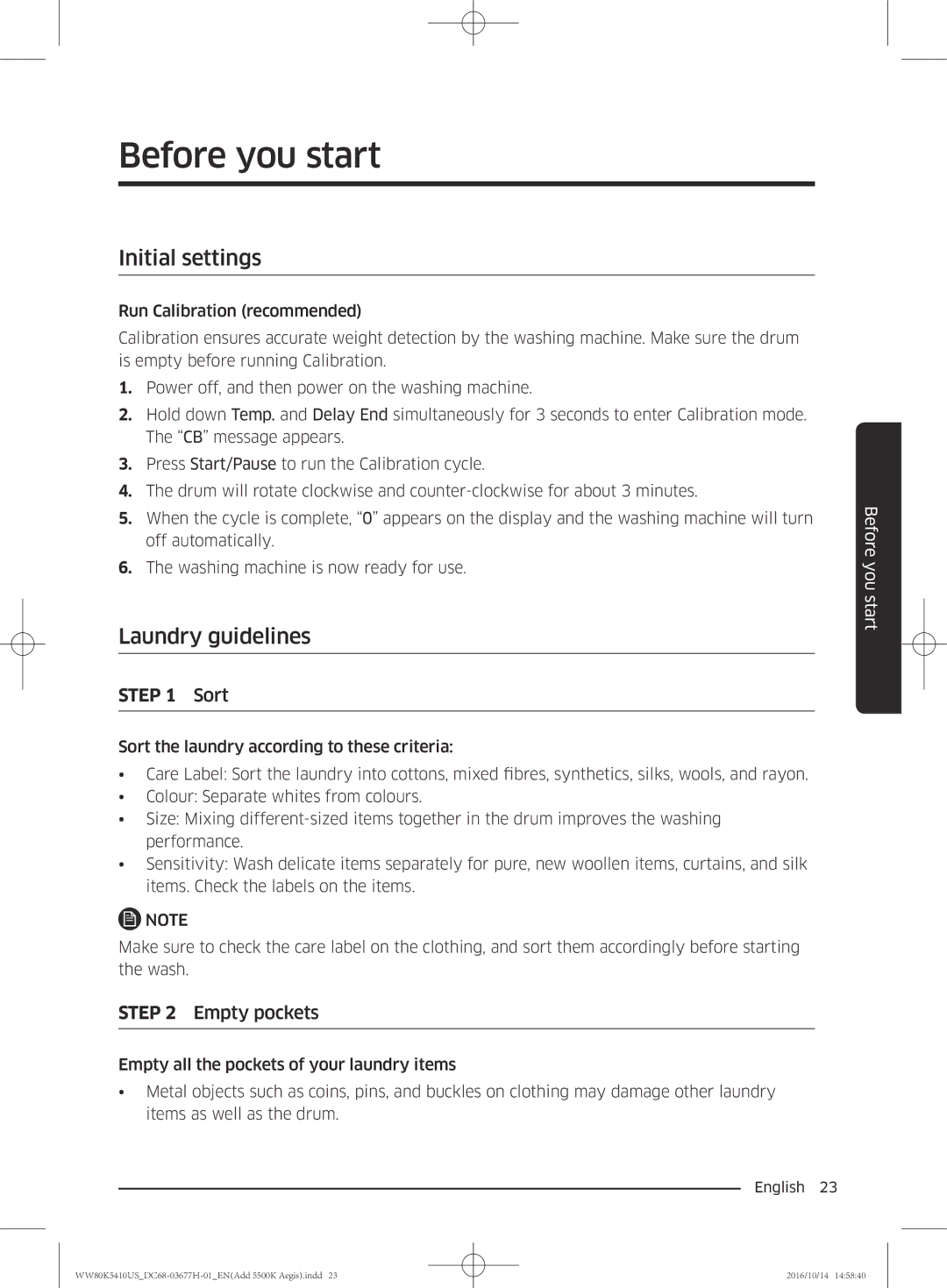 Samsung WW80K5410WW/SV, WW80K5410US/SV, WW75K5210US/SV, WW75K5210YW/SV manual Initial settings, Laundry guidelines 