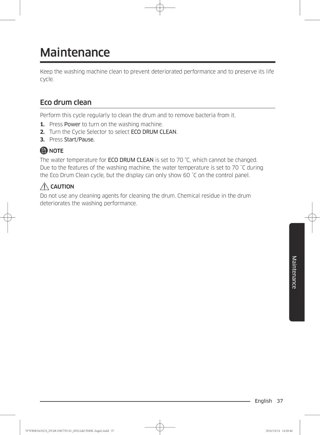 Samsung WW75K5210US/SV, WW80K5410US/SV, WW75K5210YW/SV, WW80K5410WW/SV manual Maintenance, Eco drum clean 