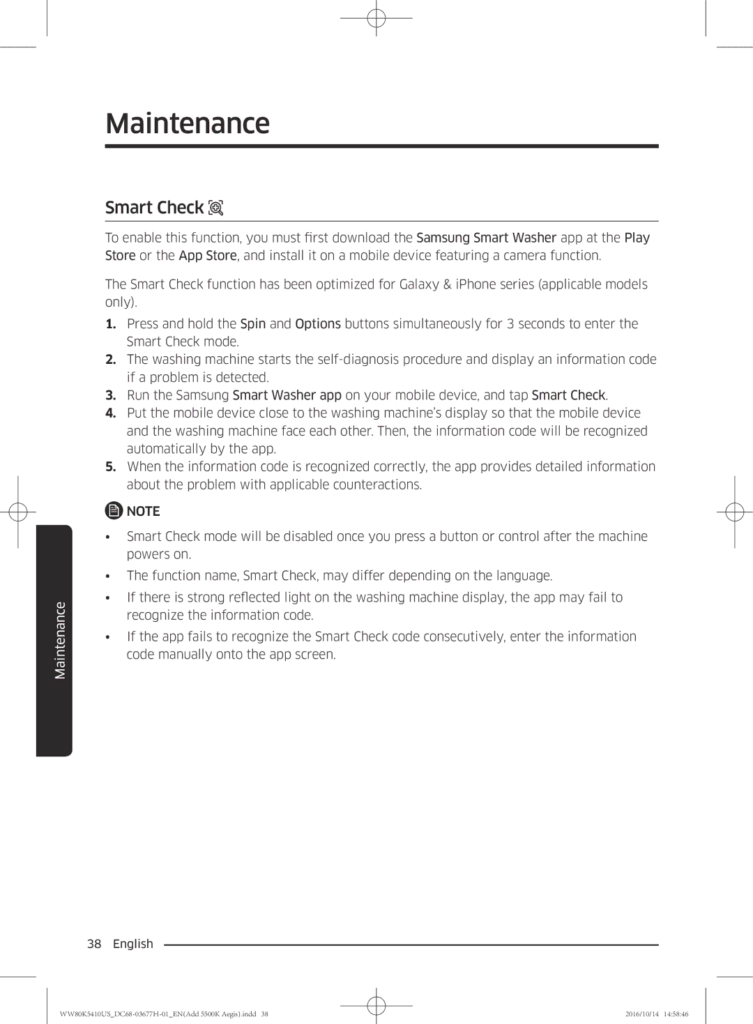 Samsung WW75K5210YW/SV, WW80K5410US/SV, WW75K5210US/SV, WW80K5410WW/SV manual Smart Check 