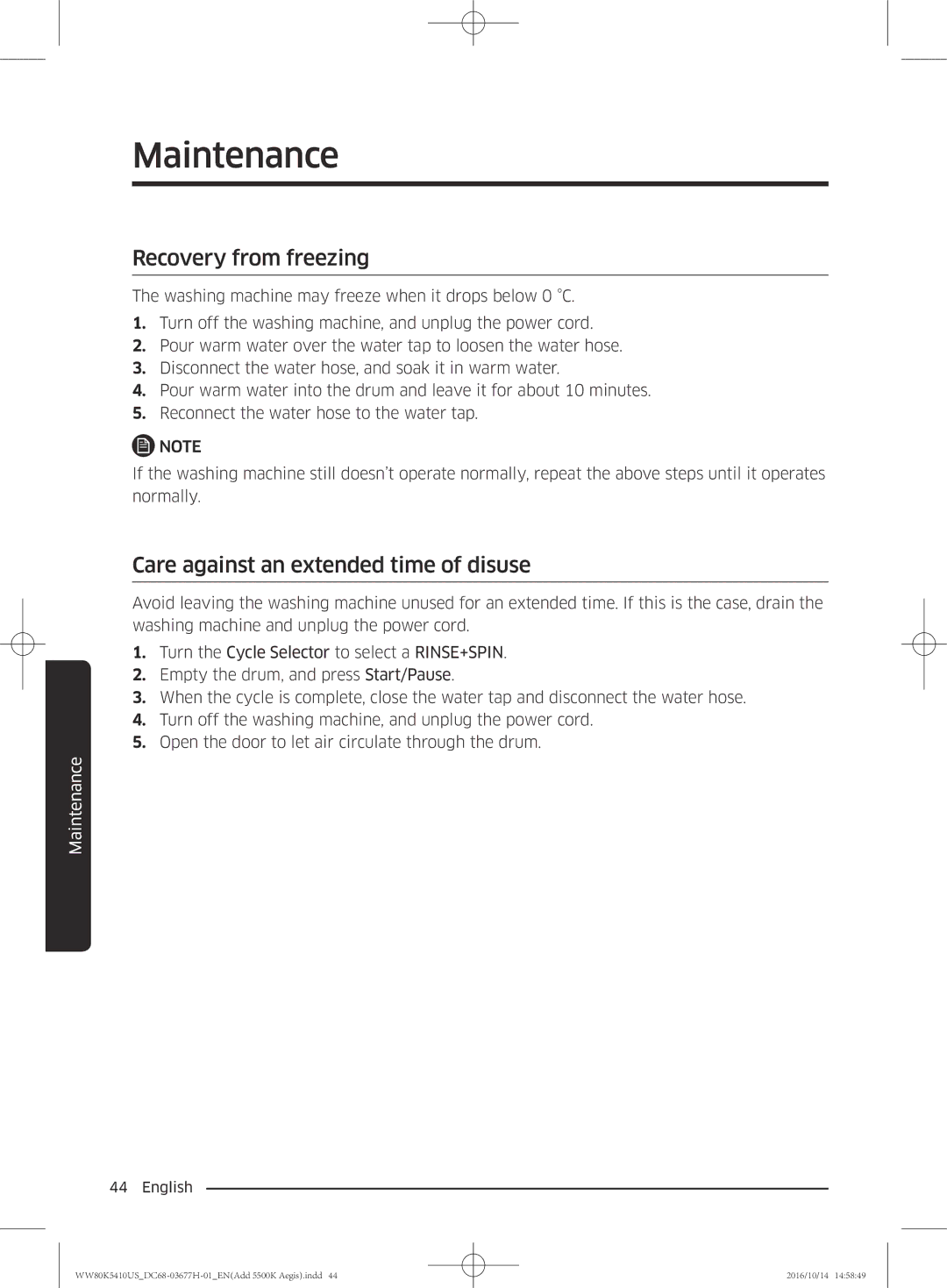 Samsung WW80K5410US/SV, WW75K5210US/SV manual Maintenance, Recovery from freezing, Care against an extended time of disuse 