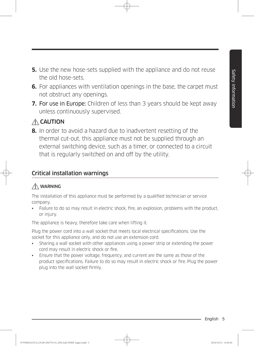 Samsung WW75K5210US/SV, WW80K5410US/SV, WW75K5210YW/SV, WW80K5410WW/SV manual Safety information 