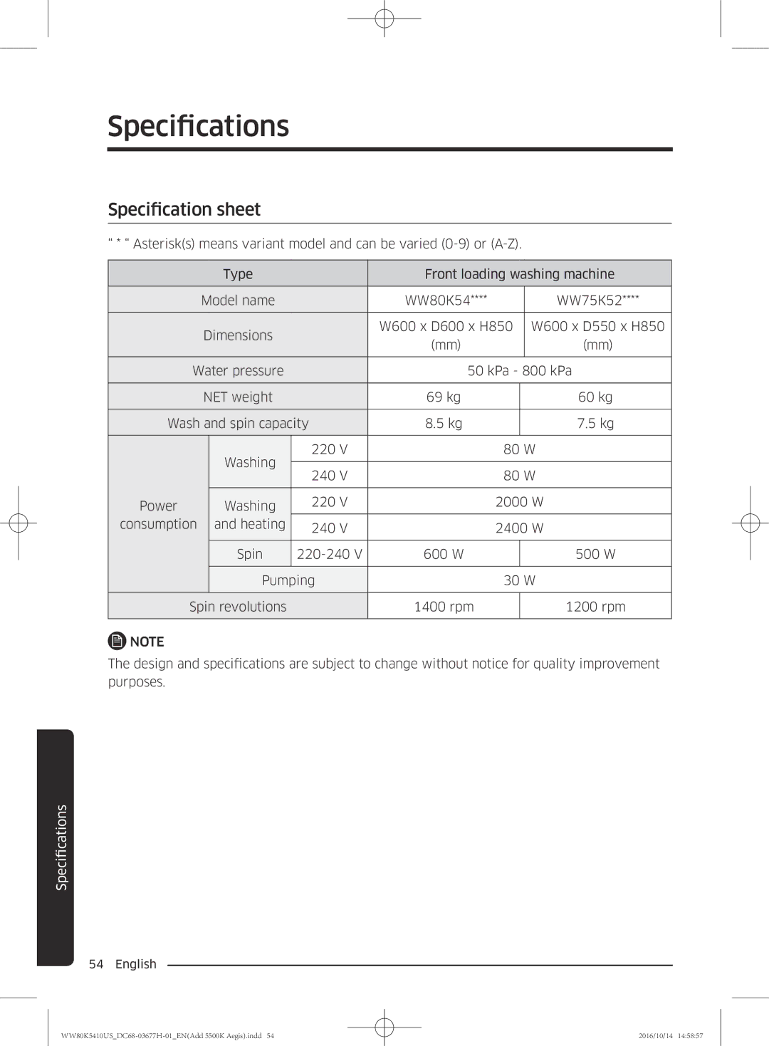 Samsung WW75K5210YW/SV, WW80K5410US/SV, WW75K5210US/SV, WW80K5410WW/SV manual Specifications, Specification sheet 